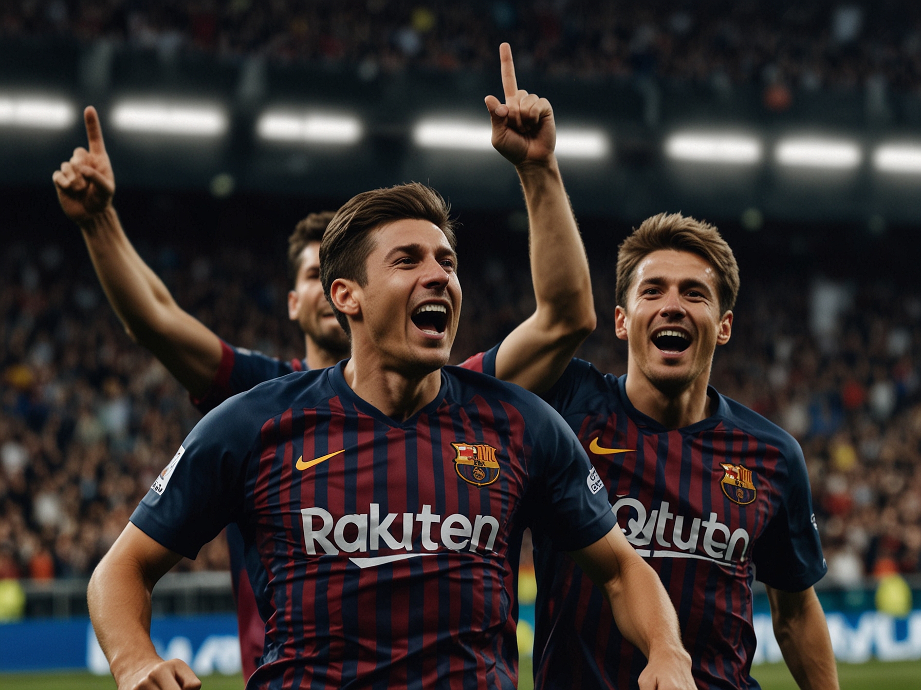Barcelona players celebrate a goal with ecstatic expressions, highlighting the joy of teamwork after a spectacular shot from Robert Lewandowski.