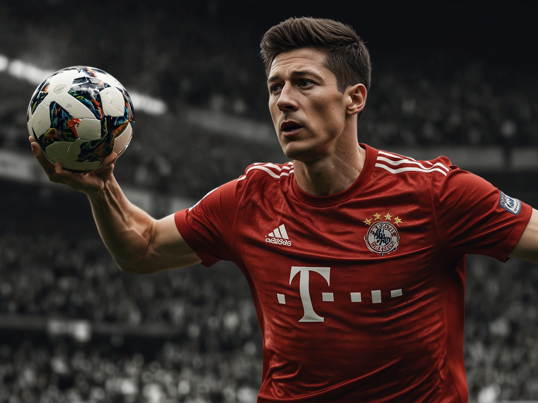 A close-up shot of Robert Lewandowski in action, showcasing his focus and determination as he prepares to take a powerful shot at the goal.