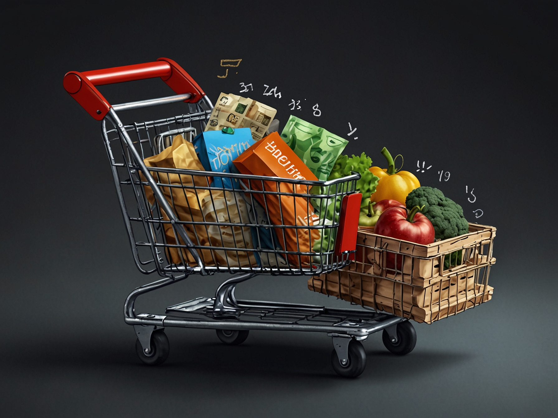 An image of a shopping cart filled with groceries, with price tags showing increased costs due to currency fluctuations, highlighting the impact on everyday purchases.