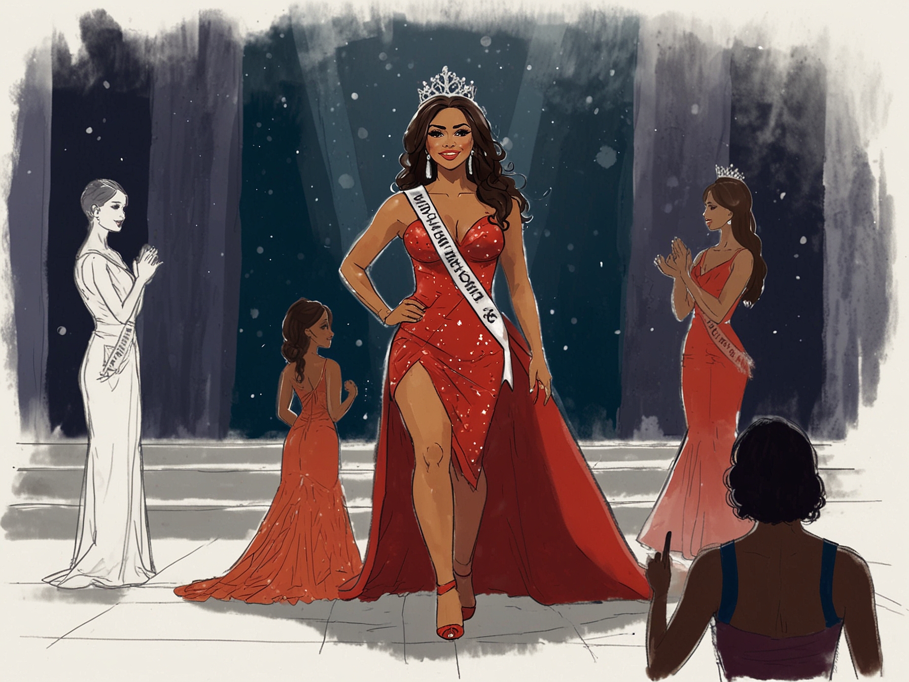 An inspiring scene of Michelle Jimenez on stage during a beauty pageant, where she transformed her fears into confidence, embodying empowerment and self-acceptance.