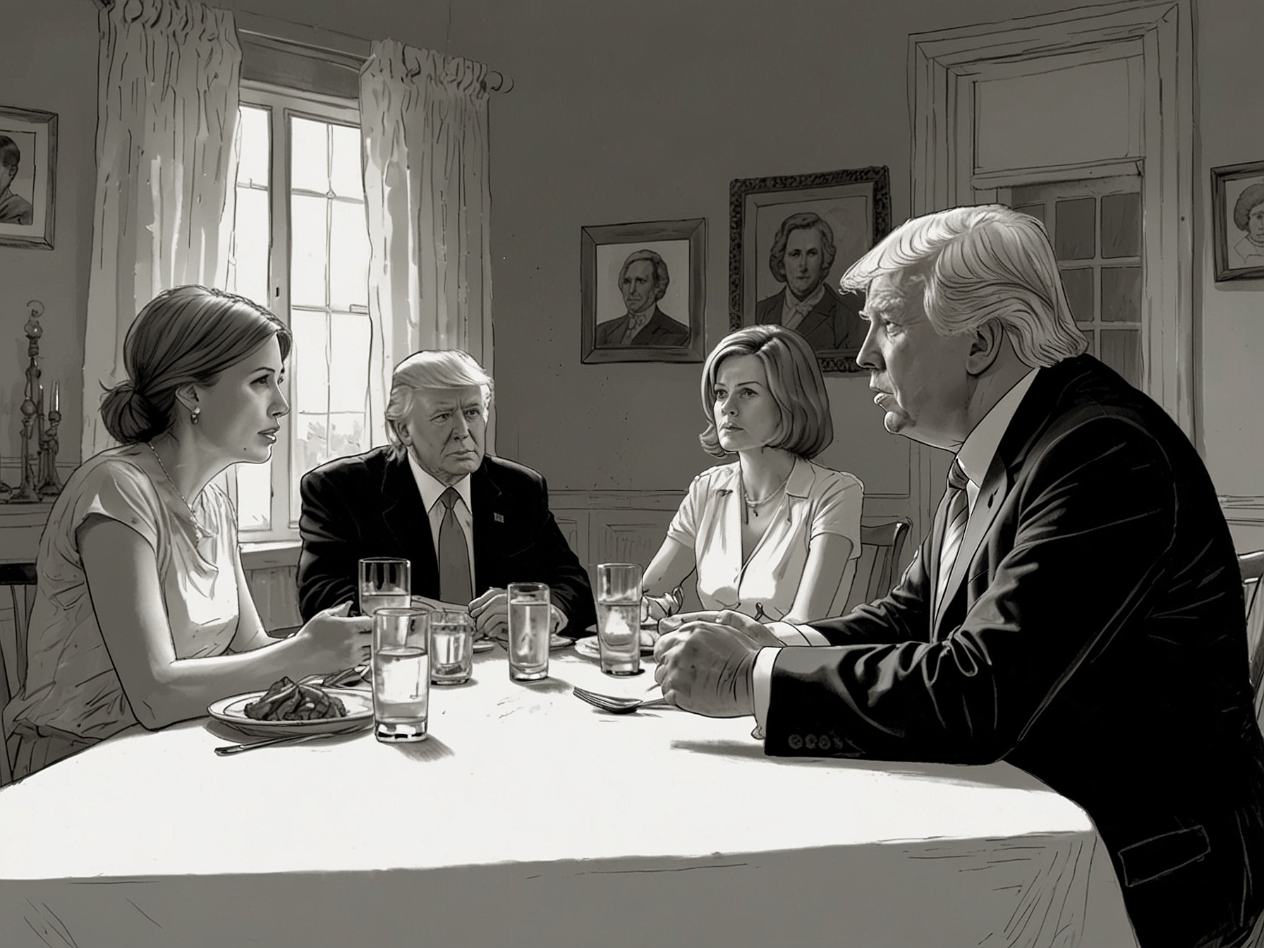 A tense family dinner scene, with members on opposing sides debating the outcomes of Trump's election victory, showcasing the personal impact of political divisions.