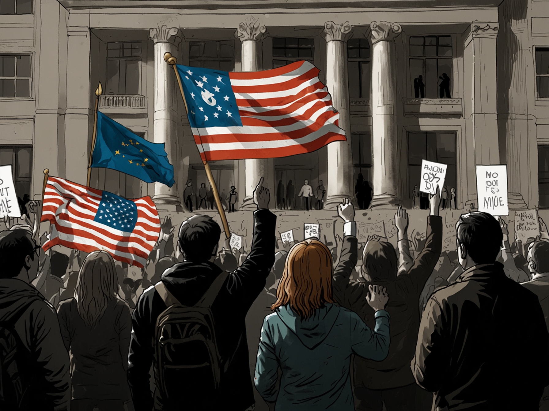 A protest outside a government building where passionate supporters and dissenters converge, highlighting the public's emotional investment in the 2024 election's results.