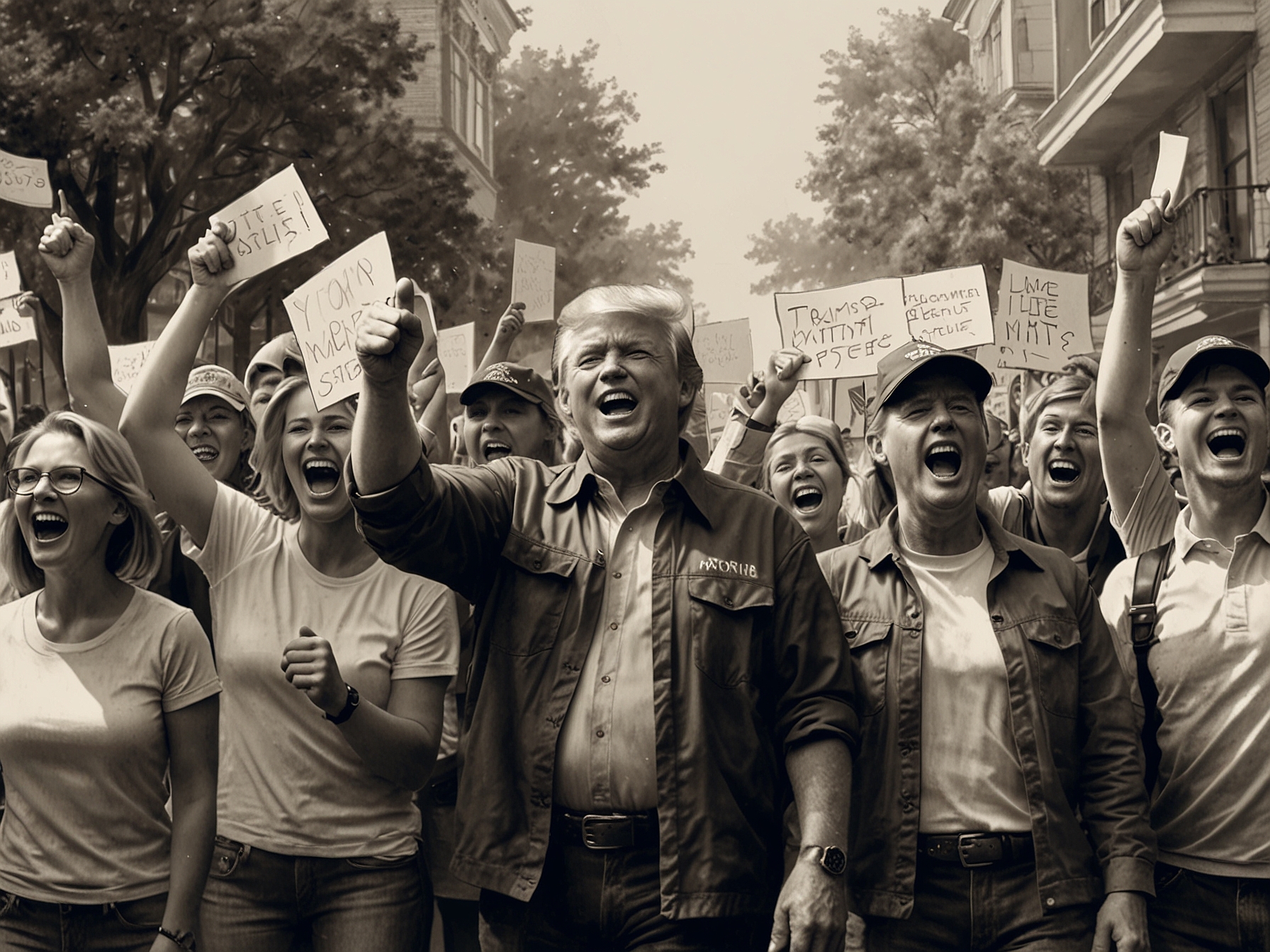 An outdoor celebration with Trump supporters cheering, holding banners and banners; their expressions display enthusiasm as they celebrate his election victory.