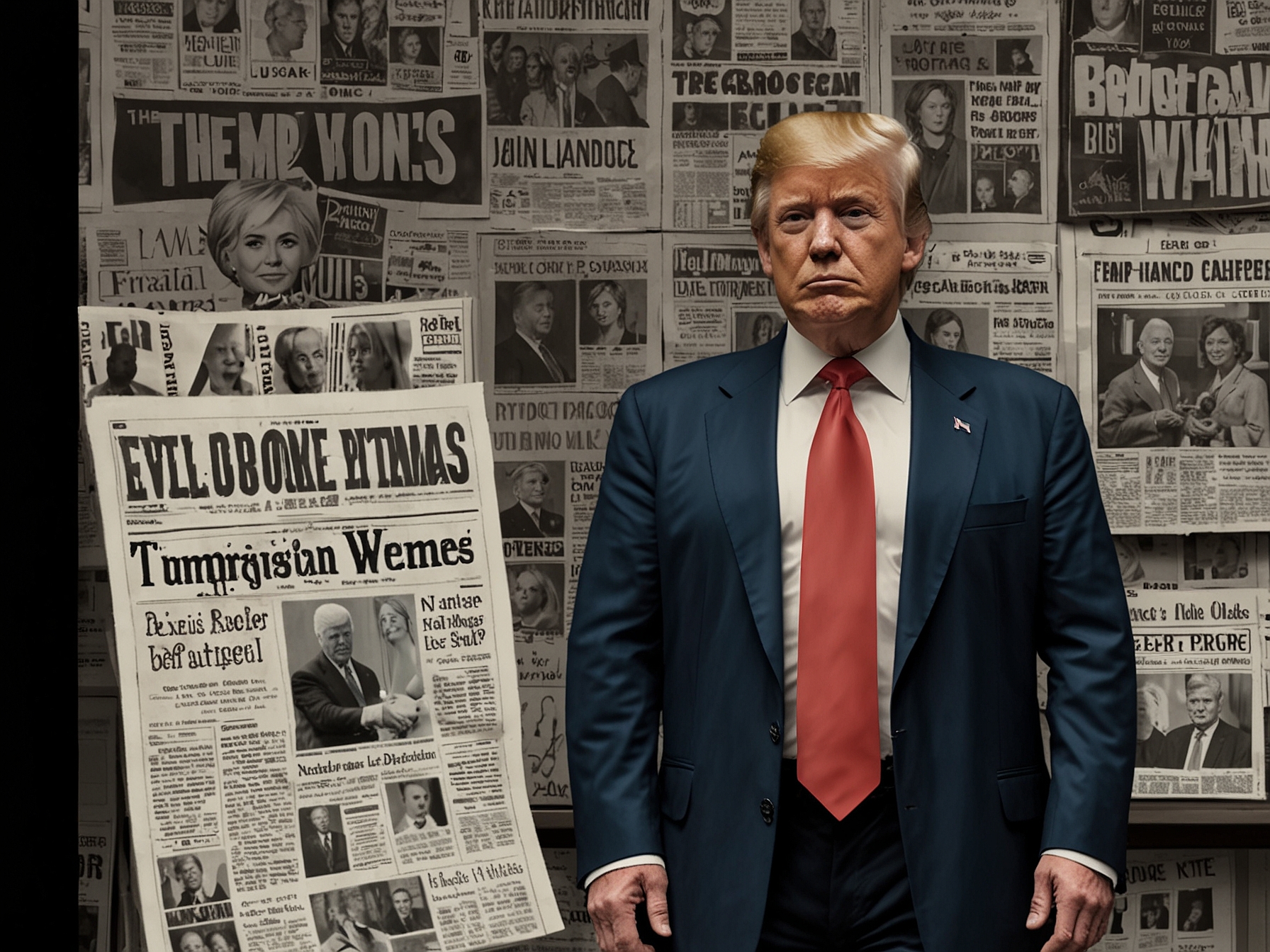 A newspaper stand filled with headlines about Trump's victory, showing a diverse assortment of front pages that reflect public sentiment and media commentary on the election.