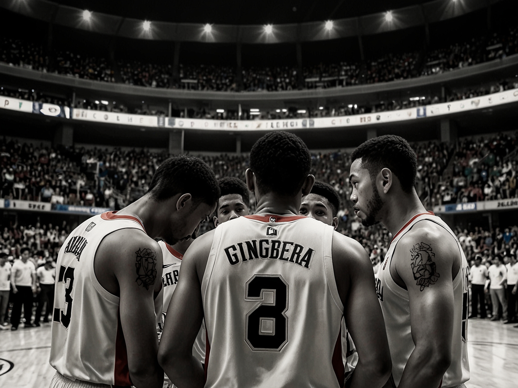 The Barangay Ginebra team huddles together, showing concern and determination as they strategize for the upcoming finals amidst pressure and uncertainty.