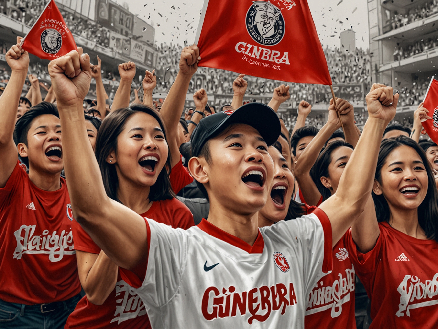 A close-up of Ginebra fans holding banners and cheering, showcasing their unwavering support for the team despite the recent setbacks in the playoffs.