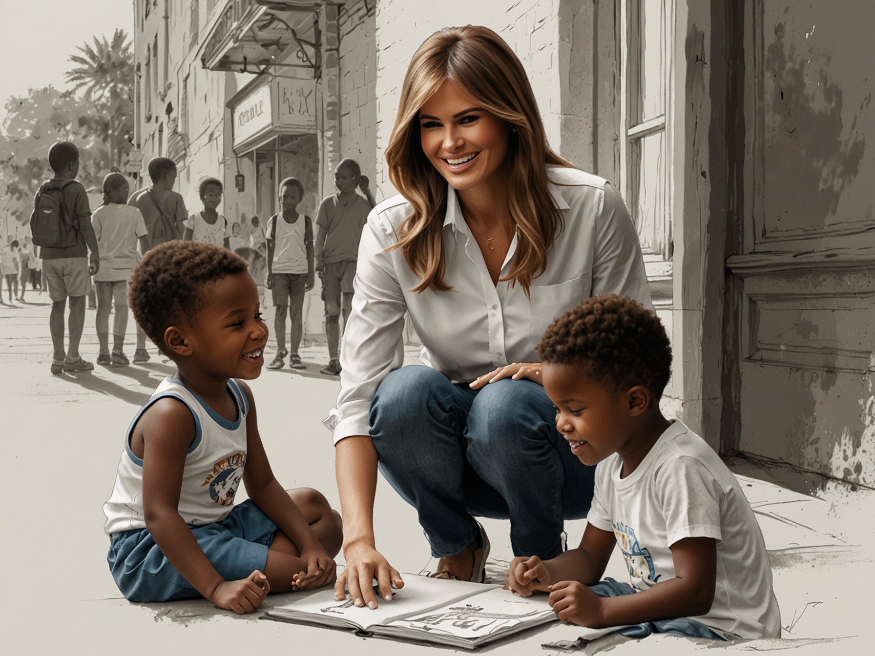 An image depicting Melania engaging with children during the 'Be Best' initiative, highlighting her involvement in advocating for youth well-being.