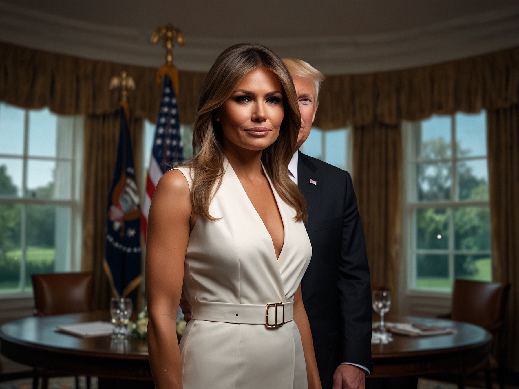 A candid shot of Melania Trump at a White House event, emphasizing her supportive presence next to her husband and illustrating the dynamics of their partnership.