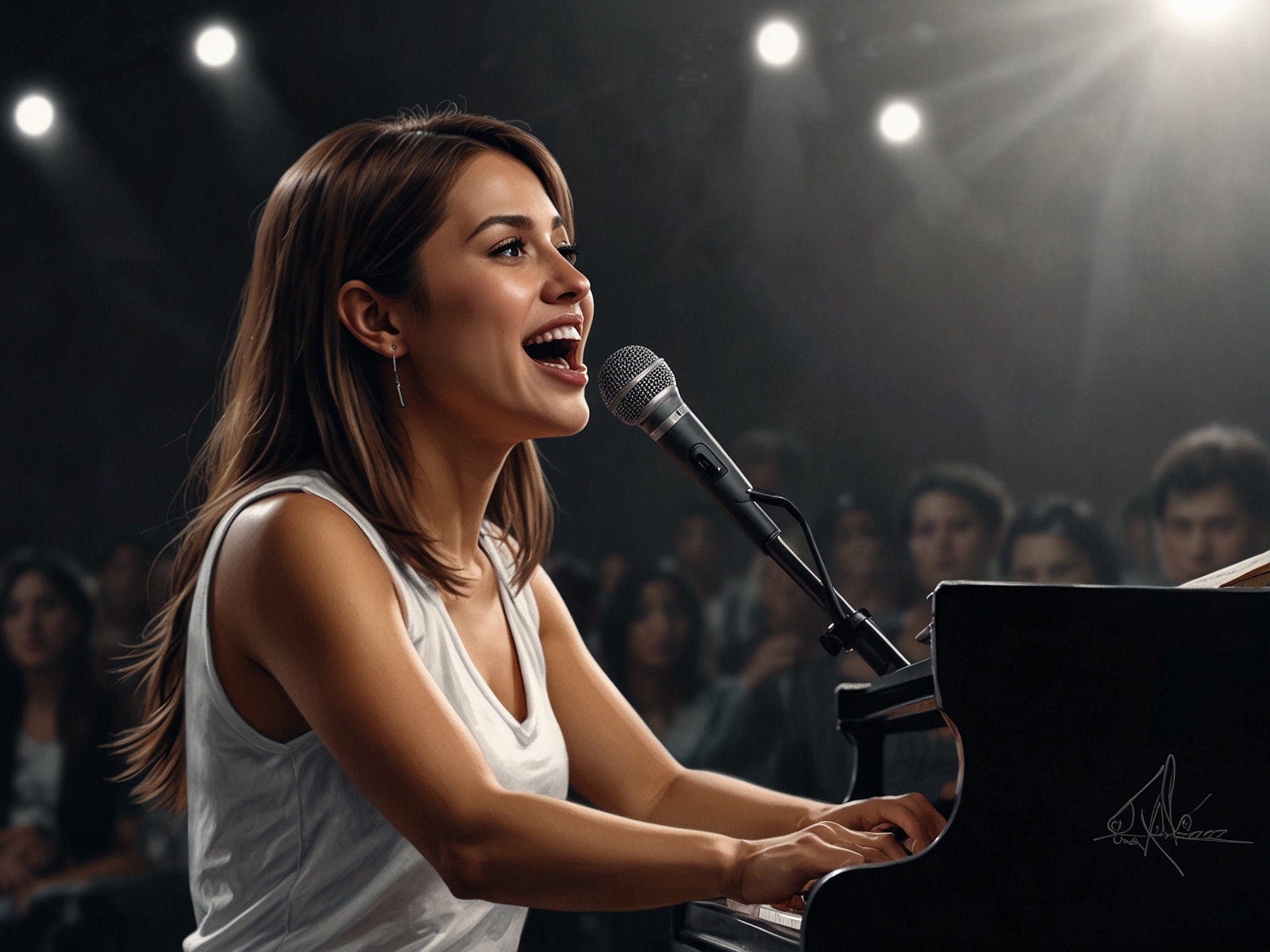 Liza Aziz rehearsing her song with intense focus, embodying the spirit of competition as she prepares to captivate the audience at the music event.