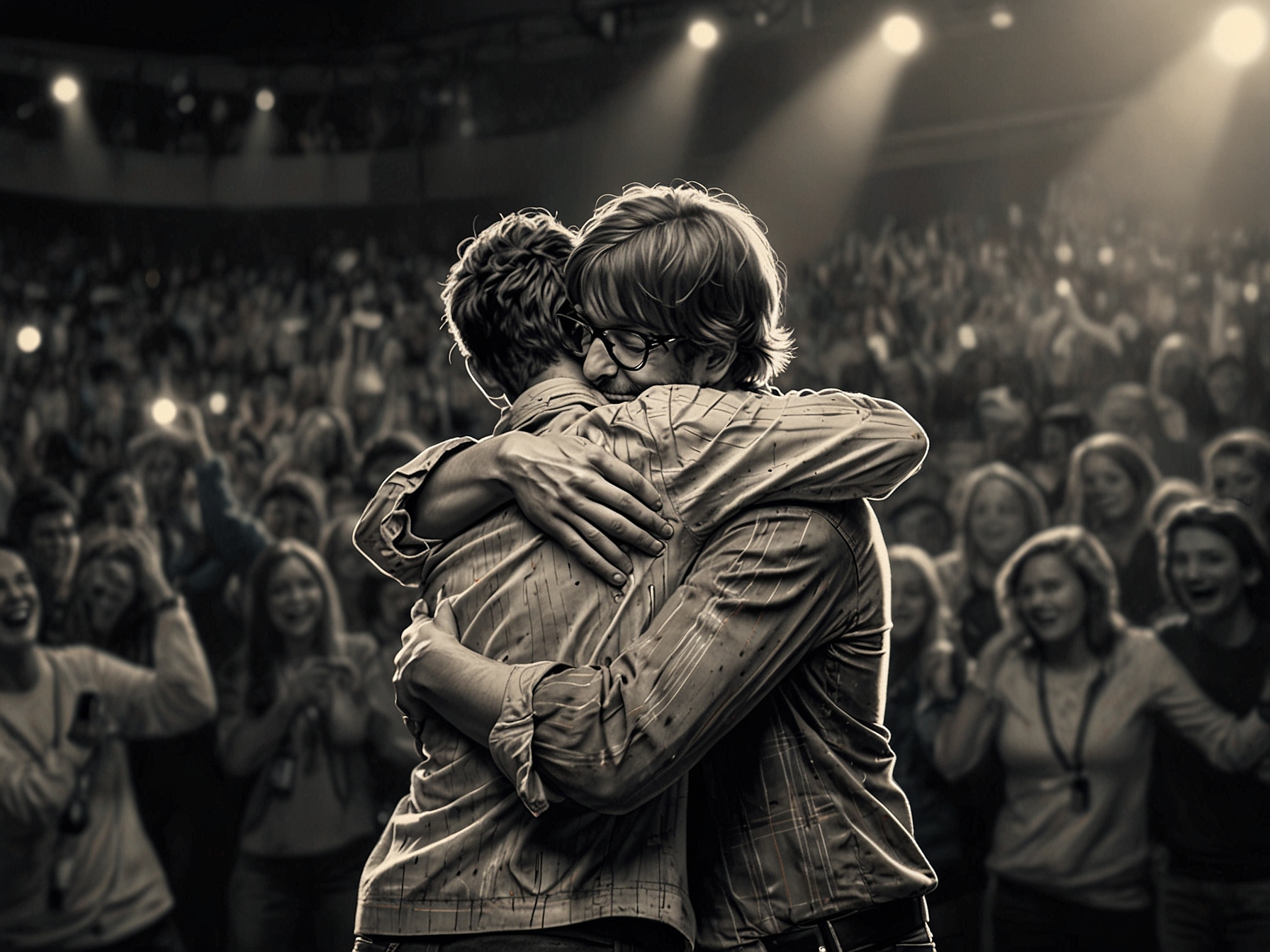 An emotional moment where both artists share a warm hug before stepping on stage, highlighting the camaraderie amidst fierce competition in the music world.