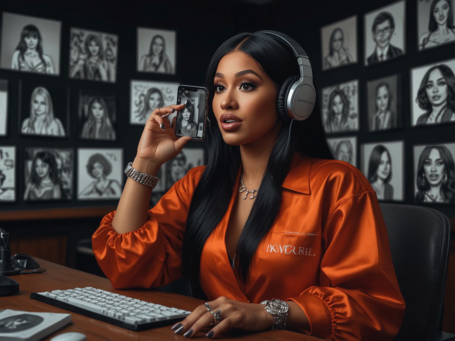 An influencer recording a reaction video, dissecting Cardi B's bold video frame by frame, showcasing how her audacity generates extensive discussion and engagement.