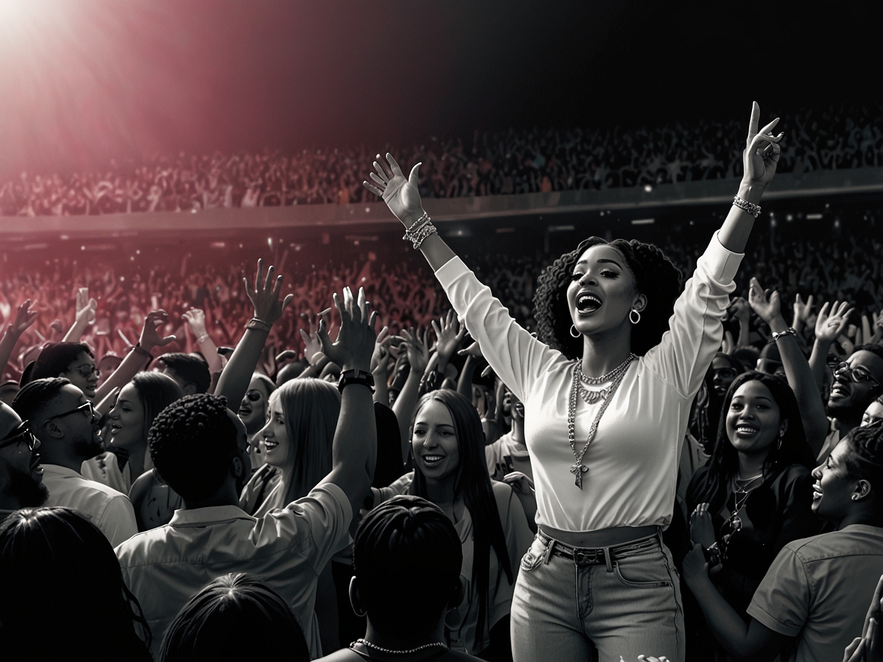 A vibrant image of a crowd at a Cardi B concert, with fans cheering and holding signs, representing the empowerment and loyalty she inspires in her audience.
