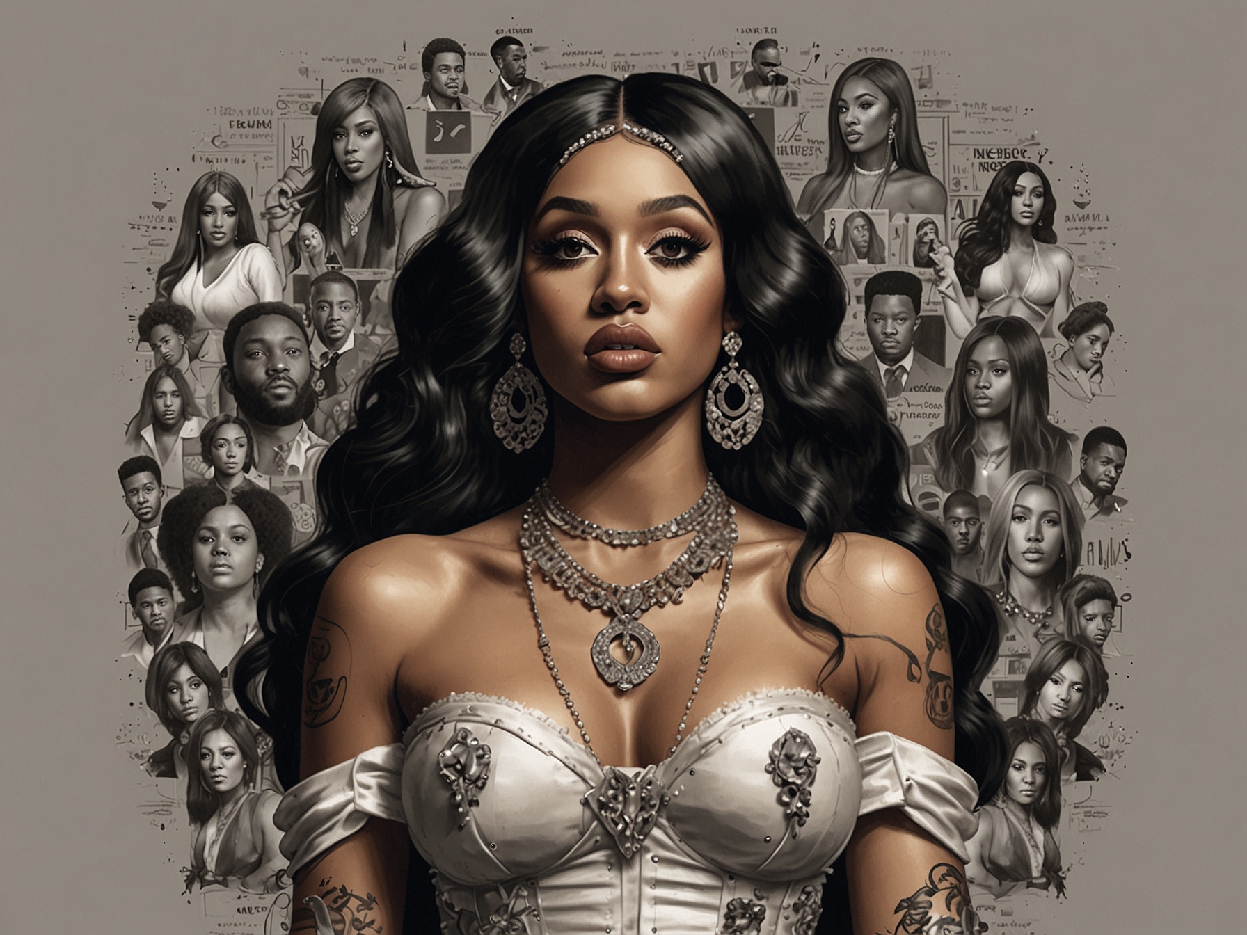 A creative collage of Cardi B's iconic moments in the media, exemplifying her boundary-pushing presence in pop culture and music, leaving an undeniable imprint.