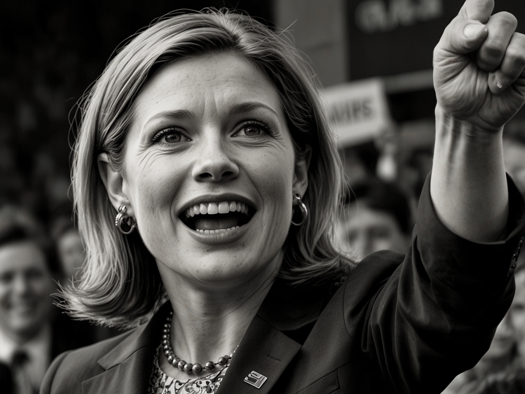 A close-up shot of Susie Wiles during a campaign rally, showcasing her engaging with supporters and highlighting her political strategy expertise.