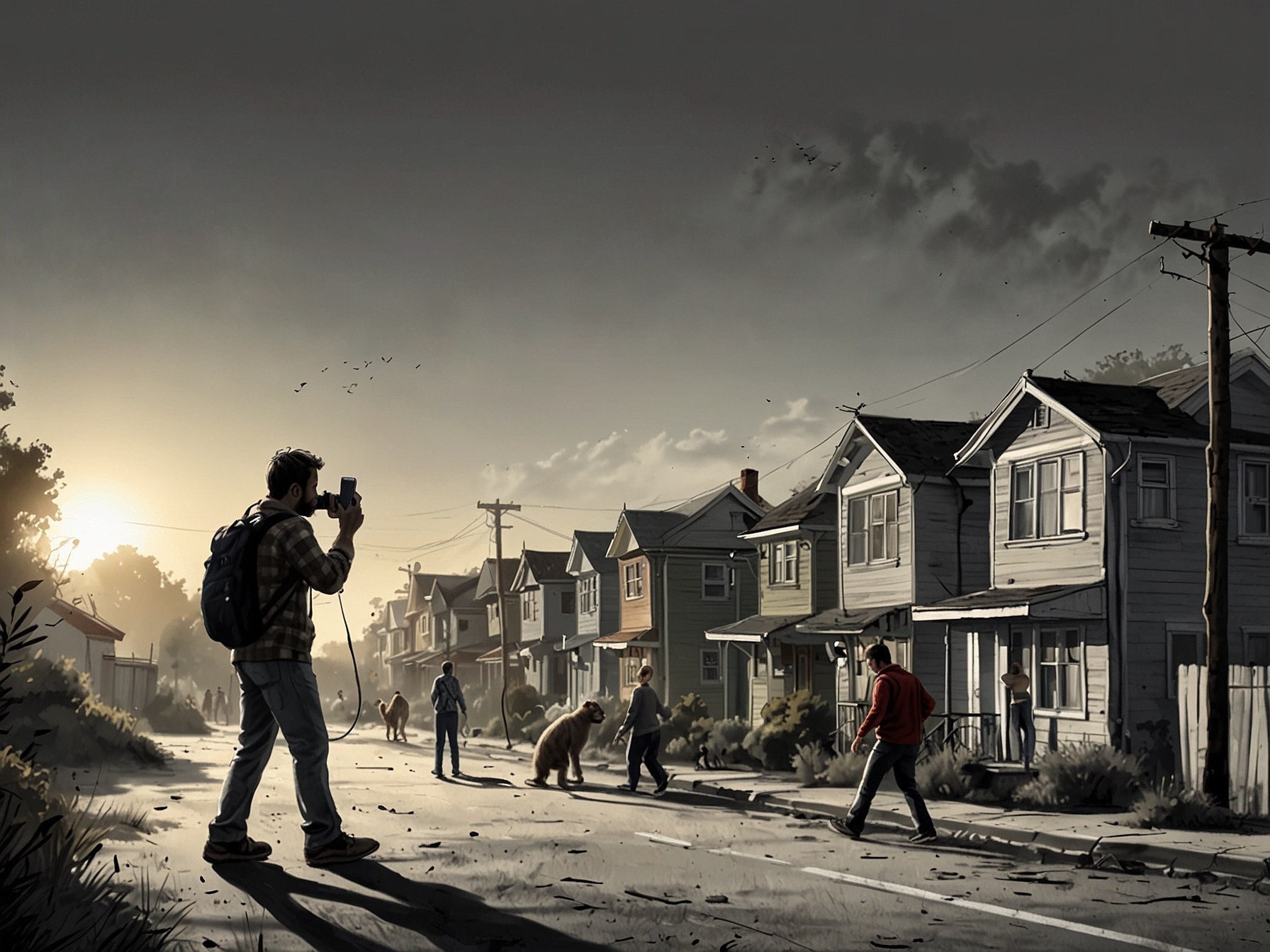 Residents filming the monkey escape with their smartphones, capturing the unusual scene unfolding in their neighborhood, displaying a mix of amusement and concern.