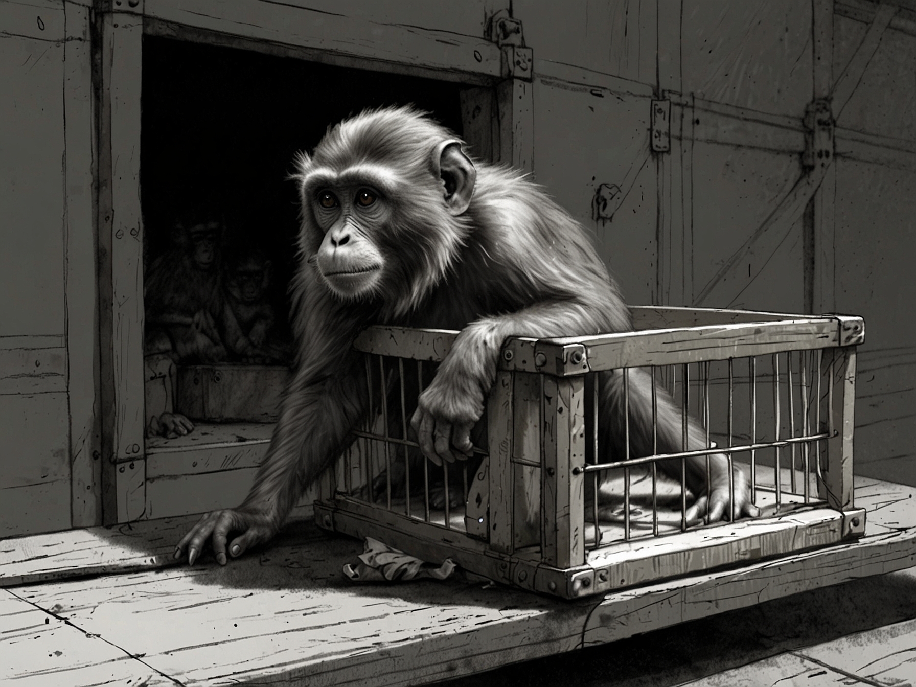 A captured monkey being gently placed into a transport crate by Alpha Genesis staff, symbolizing the efforts made to secure the escapees and bring them back safely.