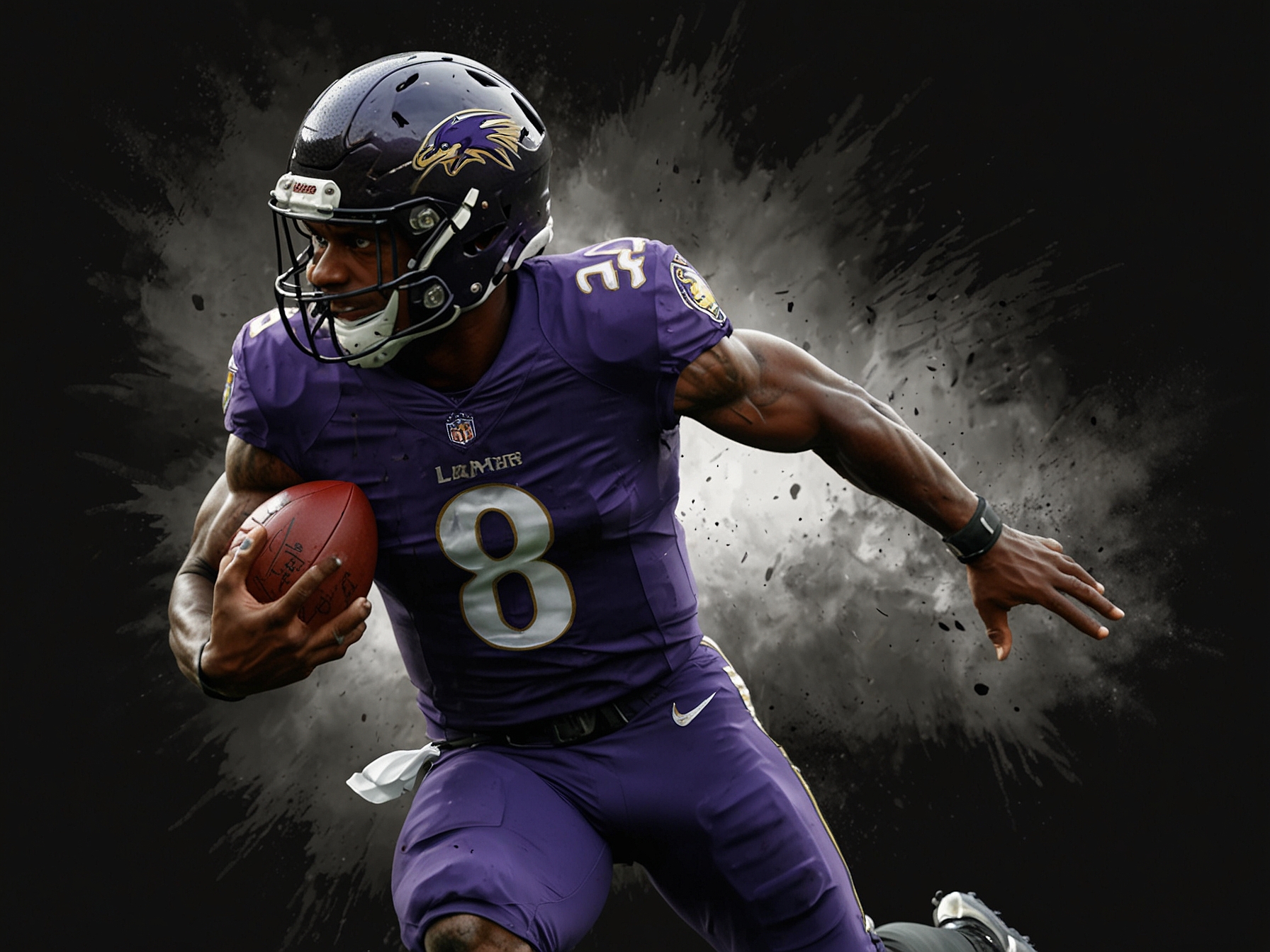 Lamar Jackson making a dynamic run, exhibiting his agility and skill as he dodges a tackle near the sideline. The excitement on the field is palpable.