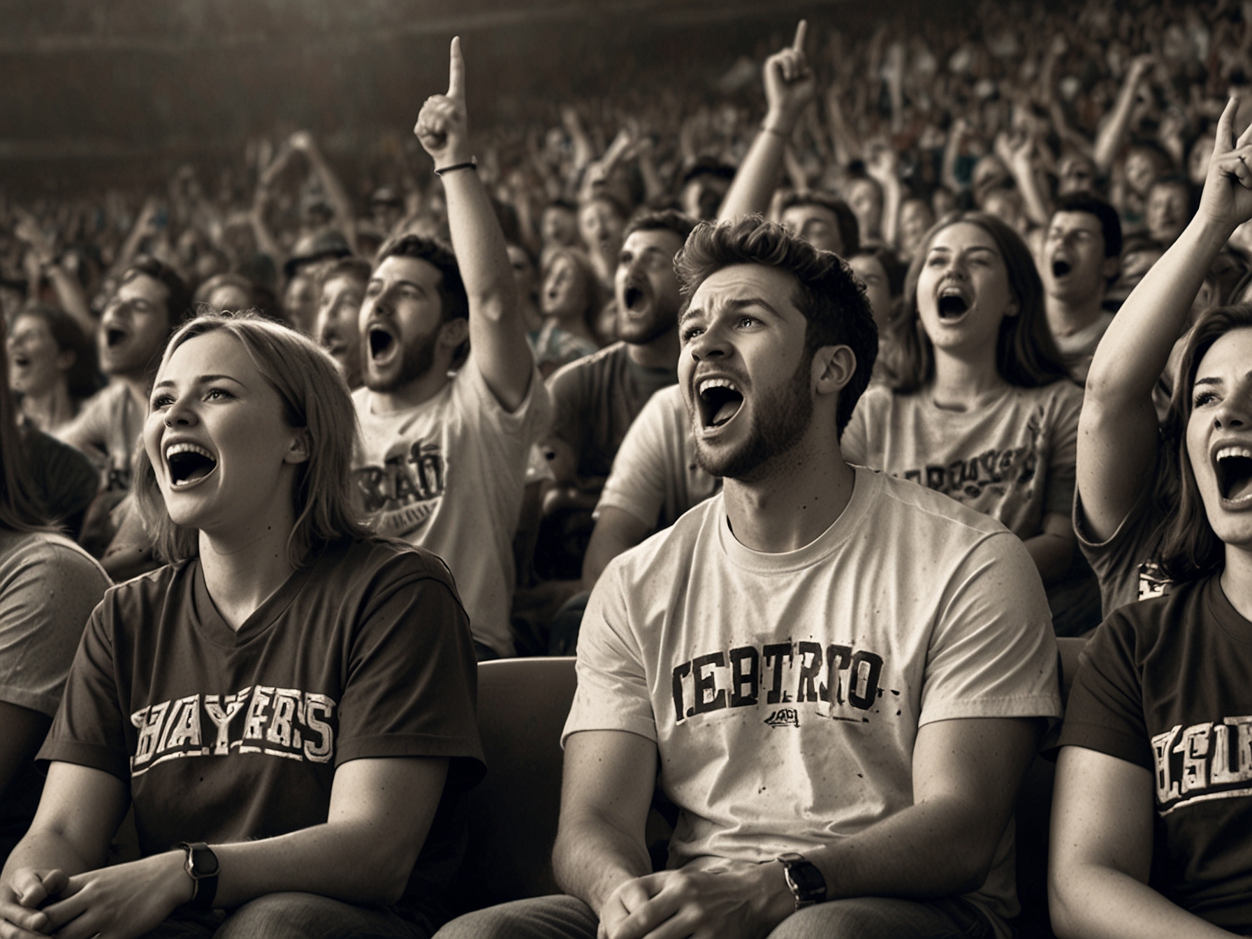 Fans in the stands, wearing team colors, showcasing a mix of enthusiasm and frustration as they react to the game's critical plays and turnovers.