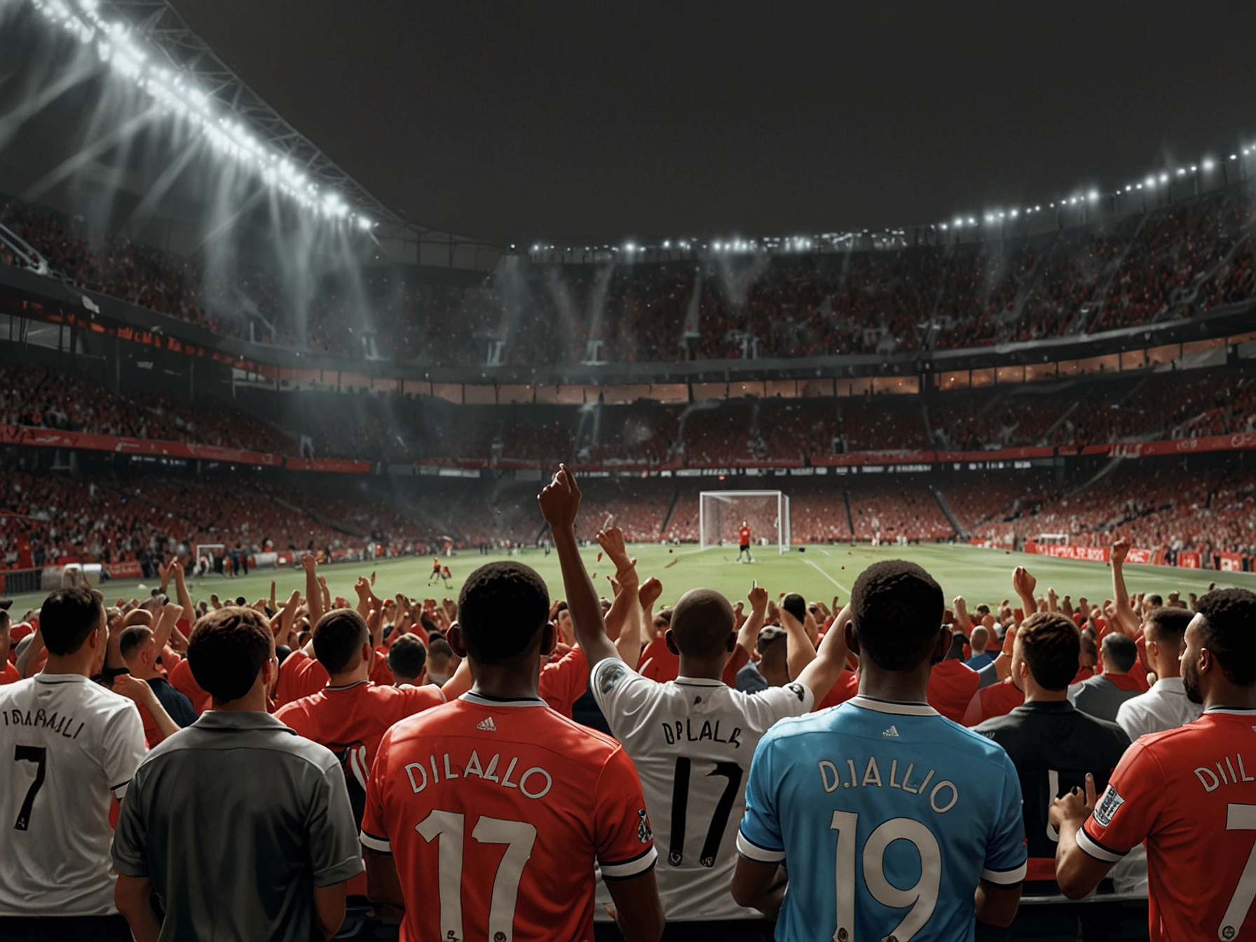 Fans cheering in the stands, illustrating the intense support for Amad Diallo and the emotional atmosphere surrounding Manchester United matches.