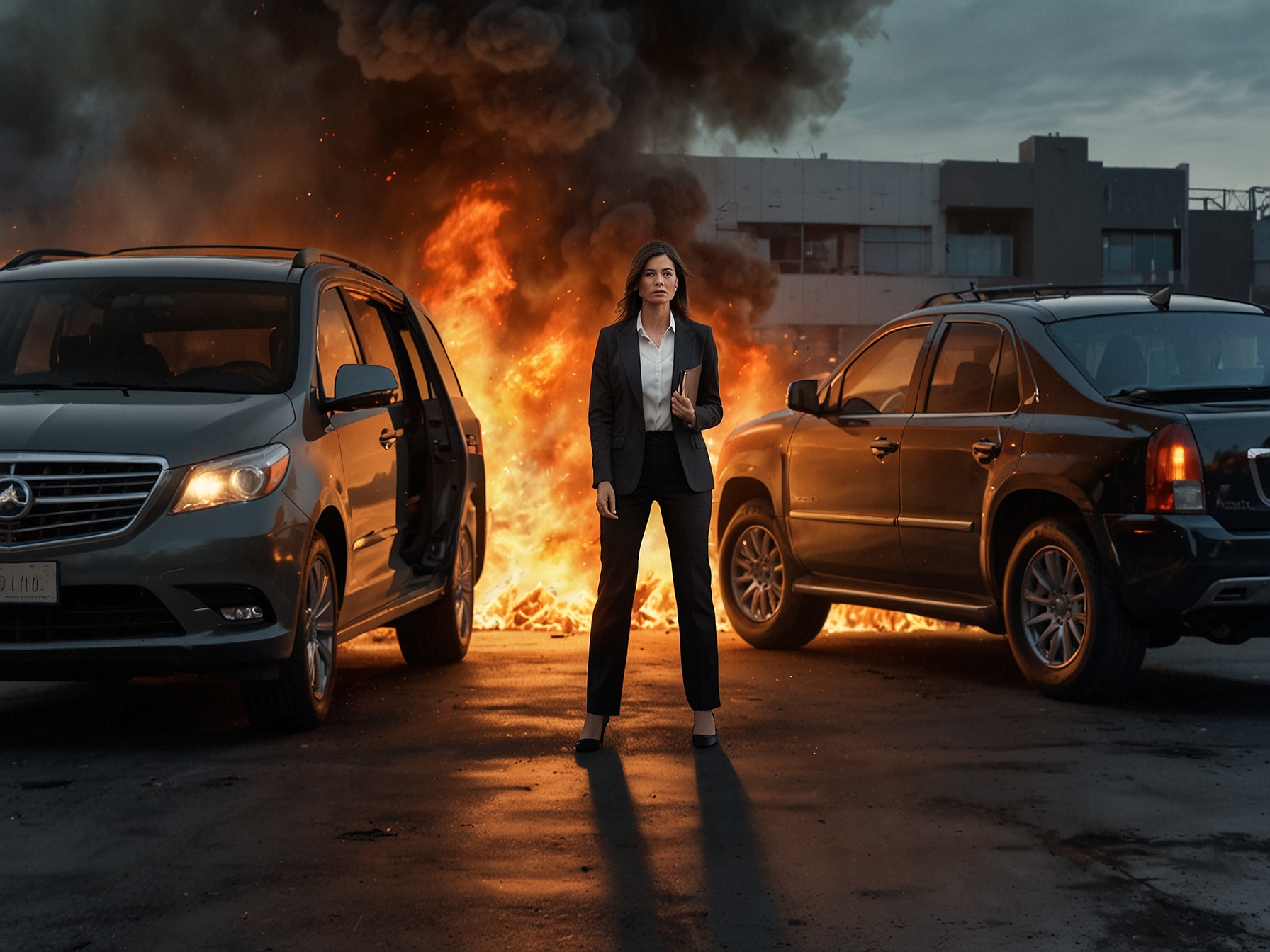 Businesswoman Angie King calmly exiting her luxury vehicle just moments before it is consumed by fire, showcasing her quick thinking during a panic situation.