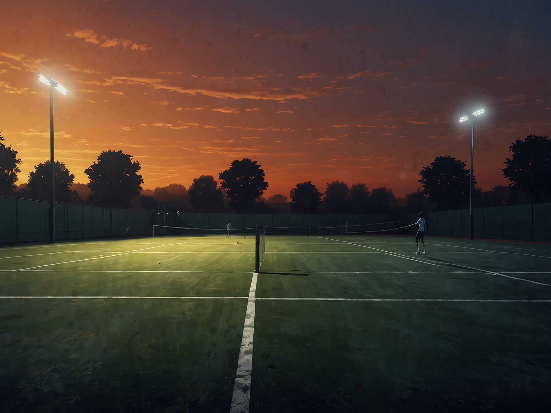 An empty tennis court at dusk, symbolizing the silent battles athletes face away from the spotlight and the hidden struggles in their careers.