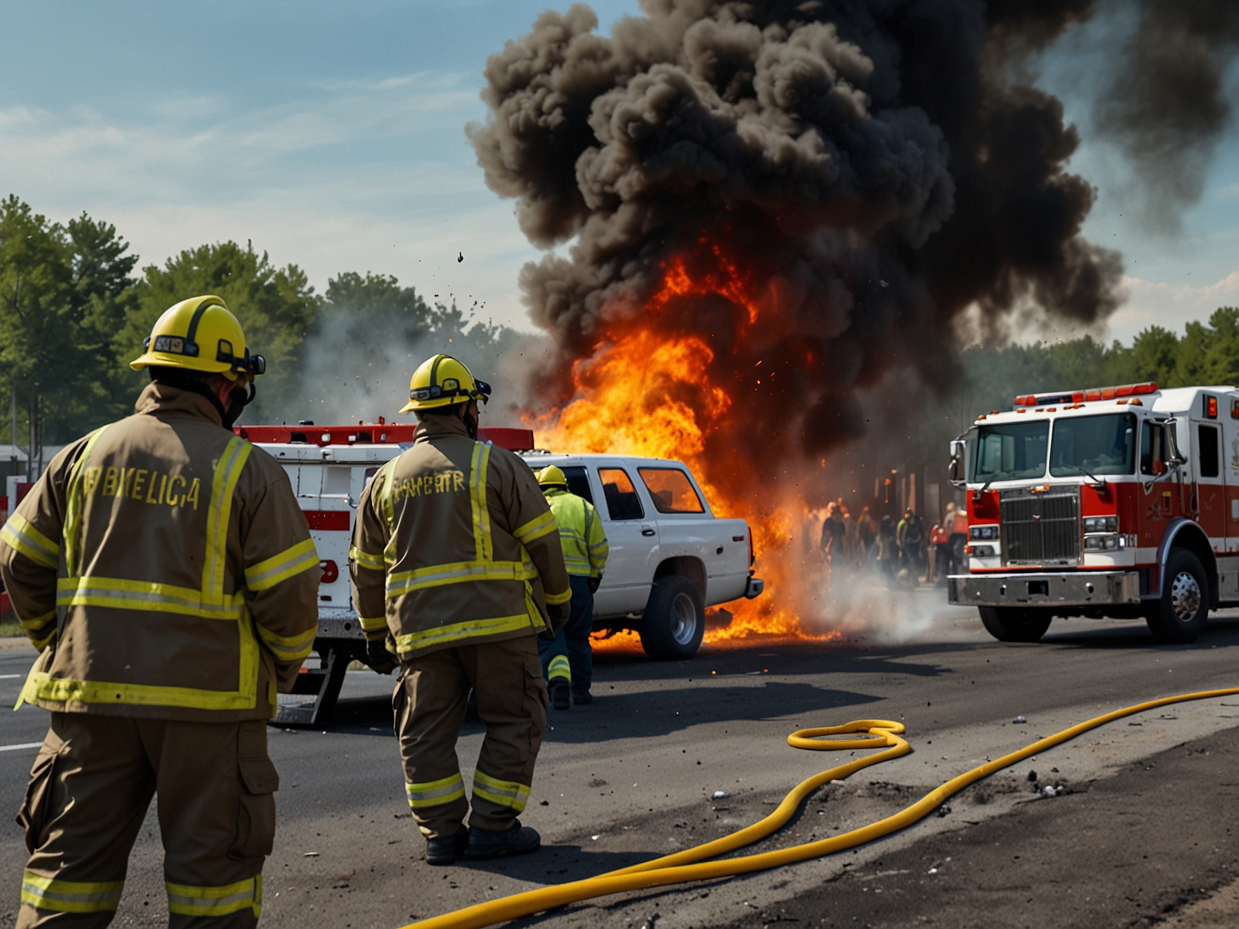 Emergency responders diligently working to extinguish the fire, illustrating the vital role of safety teams in managing hazardous incidents on busy highways.