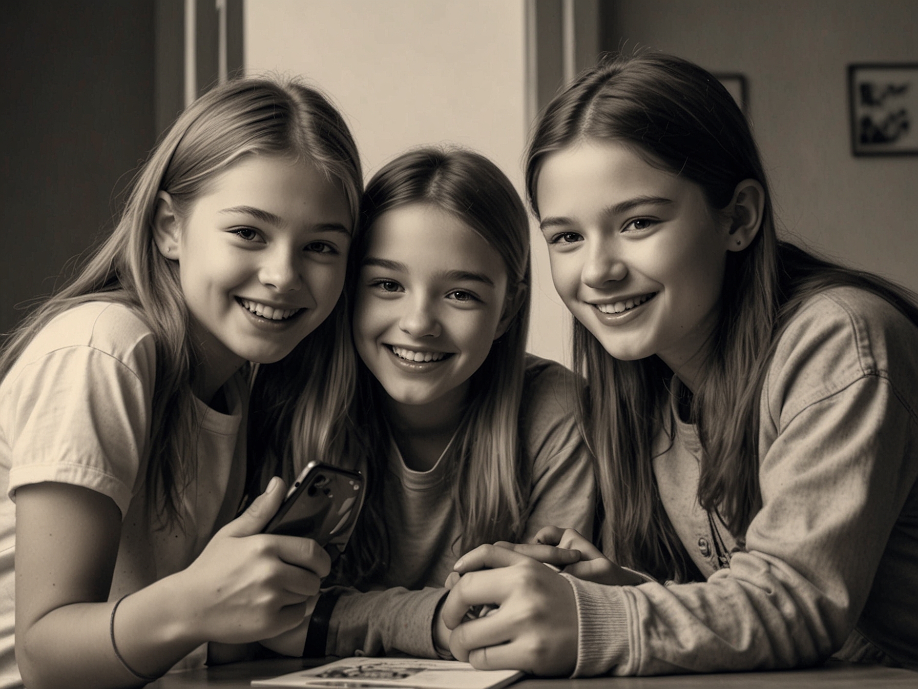 A group of children happily engaging with each other over a video call, representing the friendships formed through social media platforms like TikTok and YouTube.