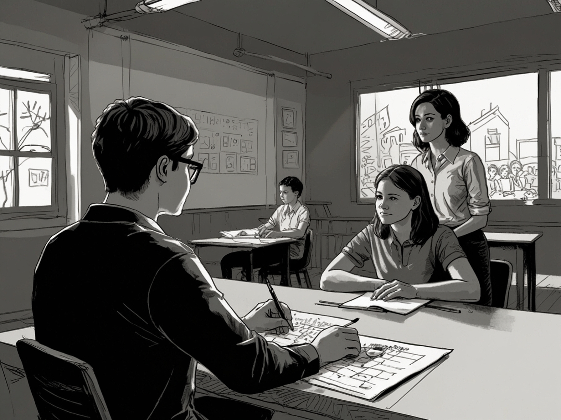 A classroom setting, where a teacher discusses online safety with students, illustrating the importance of education over restrictions in a digital world.