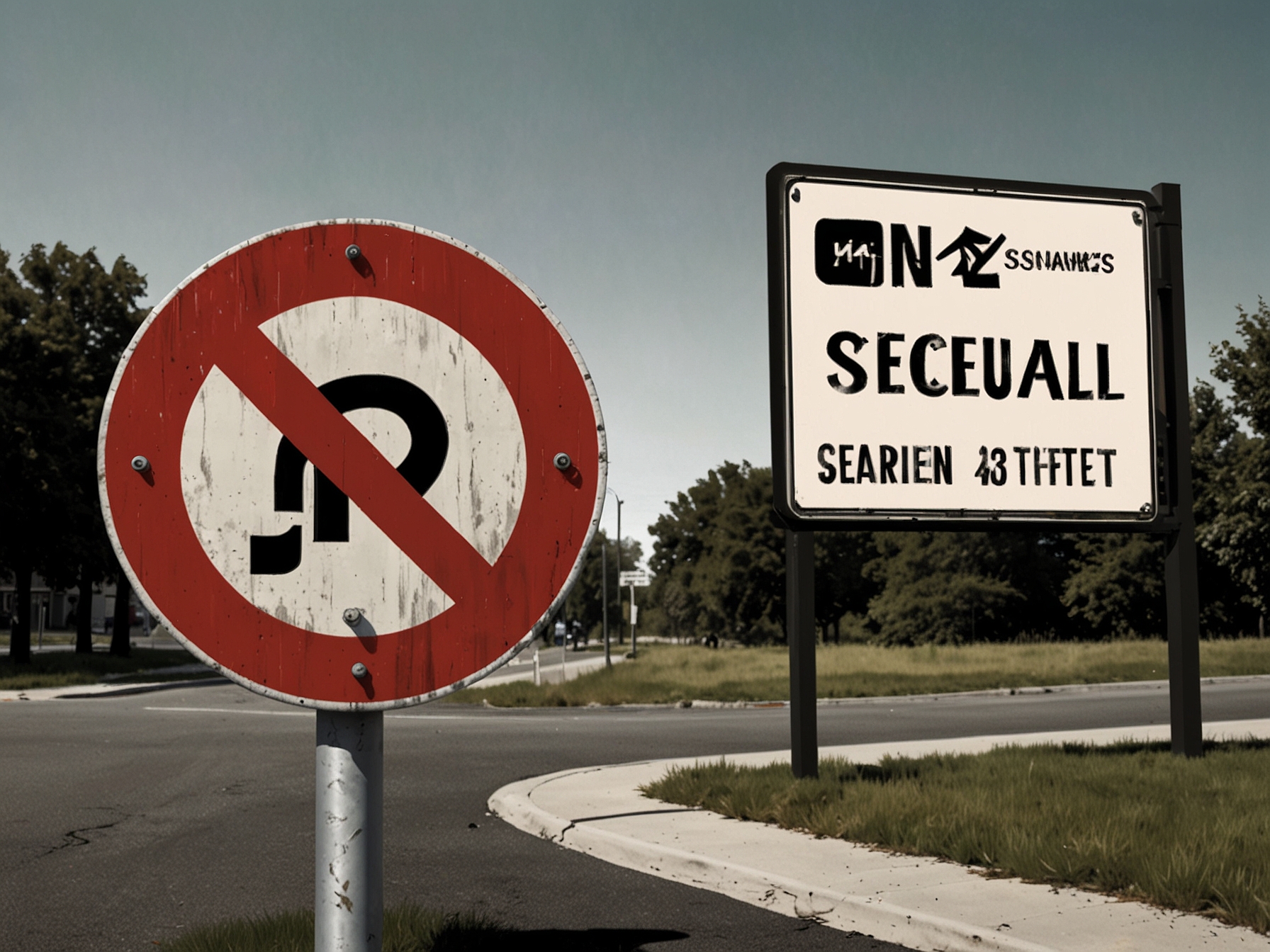 A street sign with a digital 'No Social Media' symbol, juxtaposed against recreational activities, indicating the debate around social media bans and children's time.