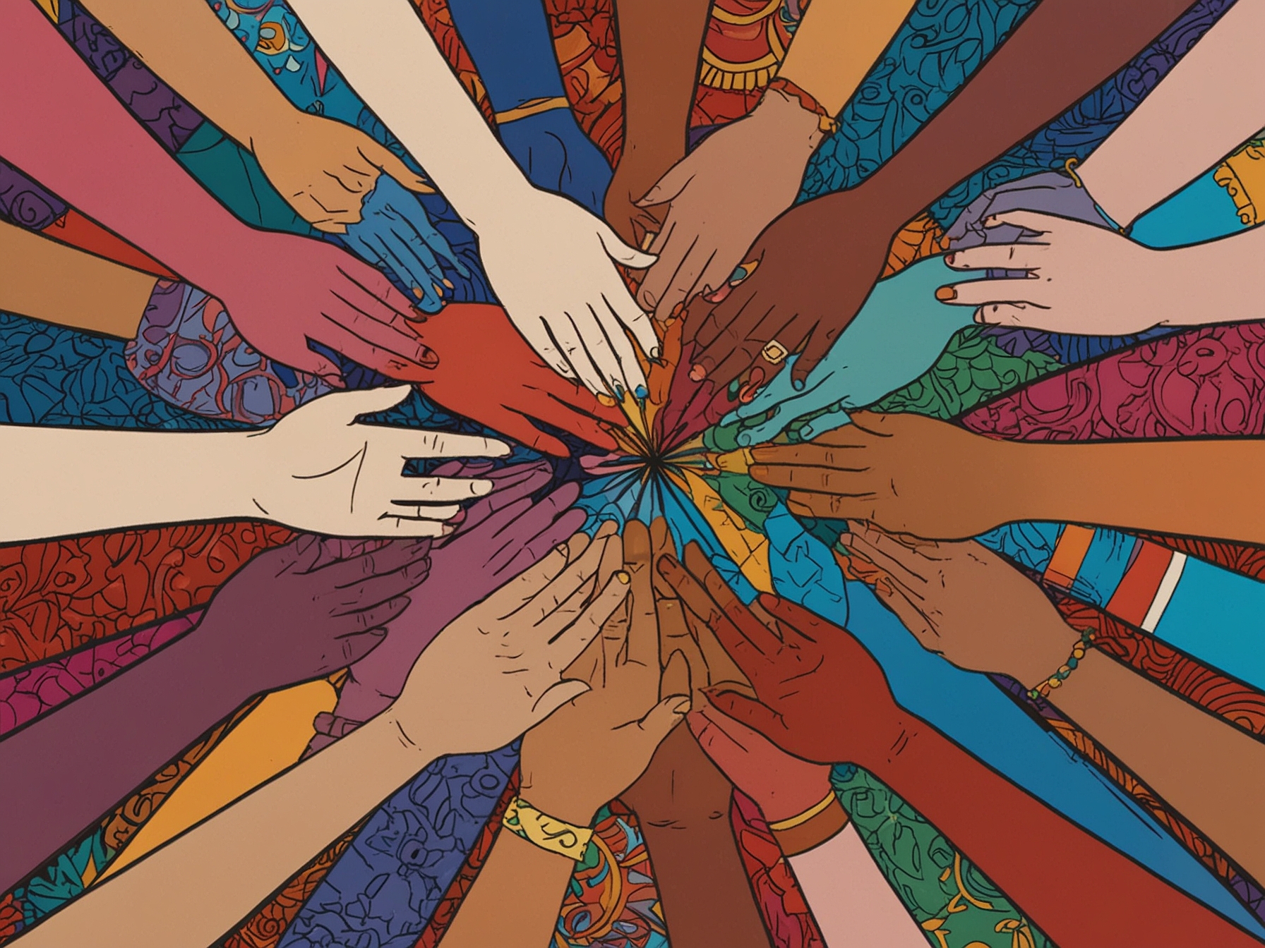 A colorful illustration of a heart surrounded by diverse hands symbolizing unity and love, representing Lizzo's belief in bridging divides through affection and understanding.