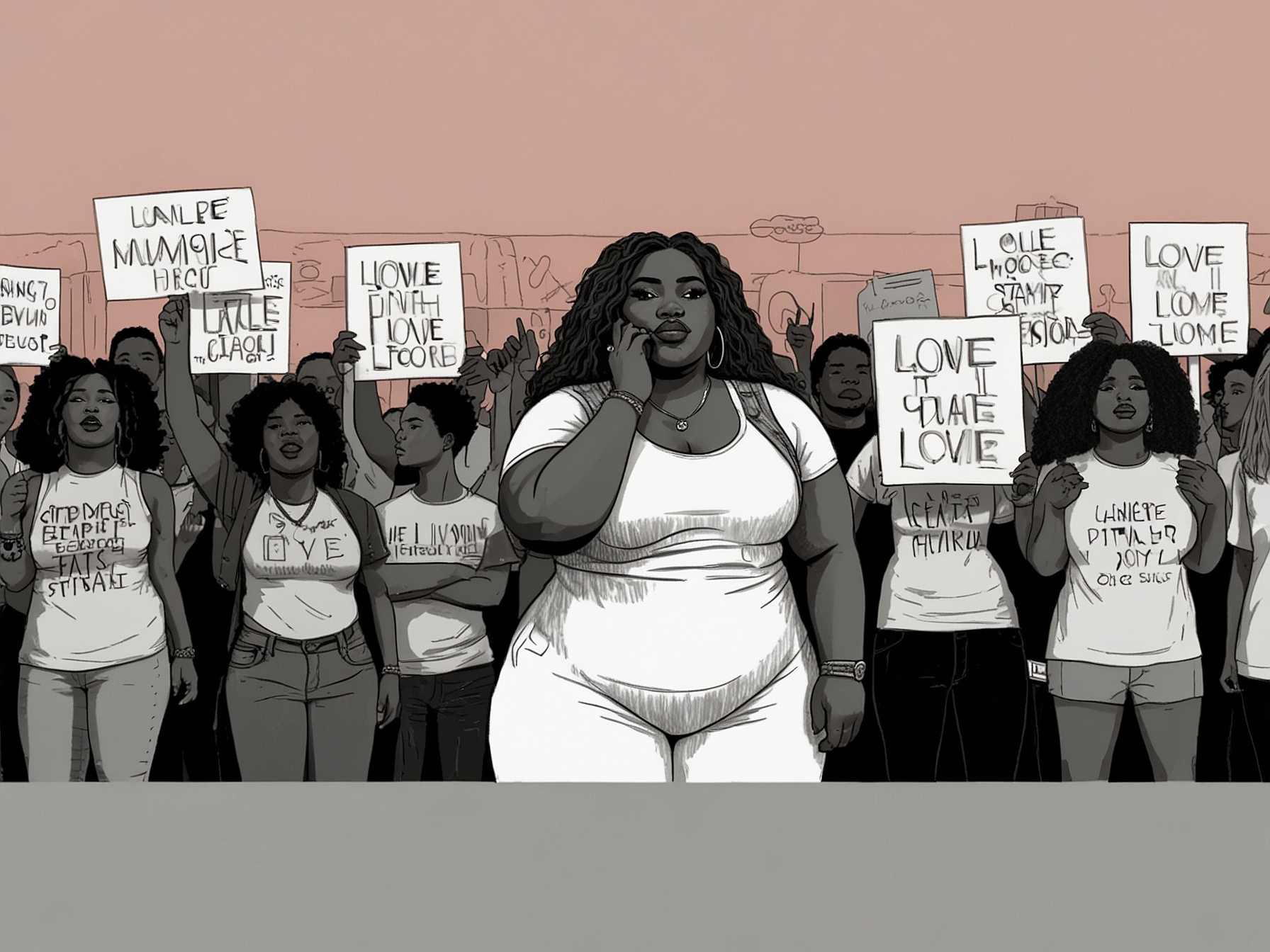 A poignant photo of a protest with signs advocating love and acceptance, embodying Lizzo's contrasting yet powerful response to the political climate post-election.