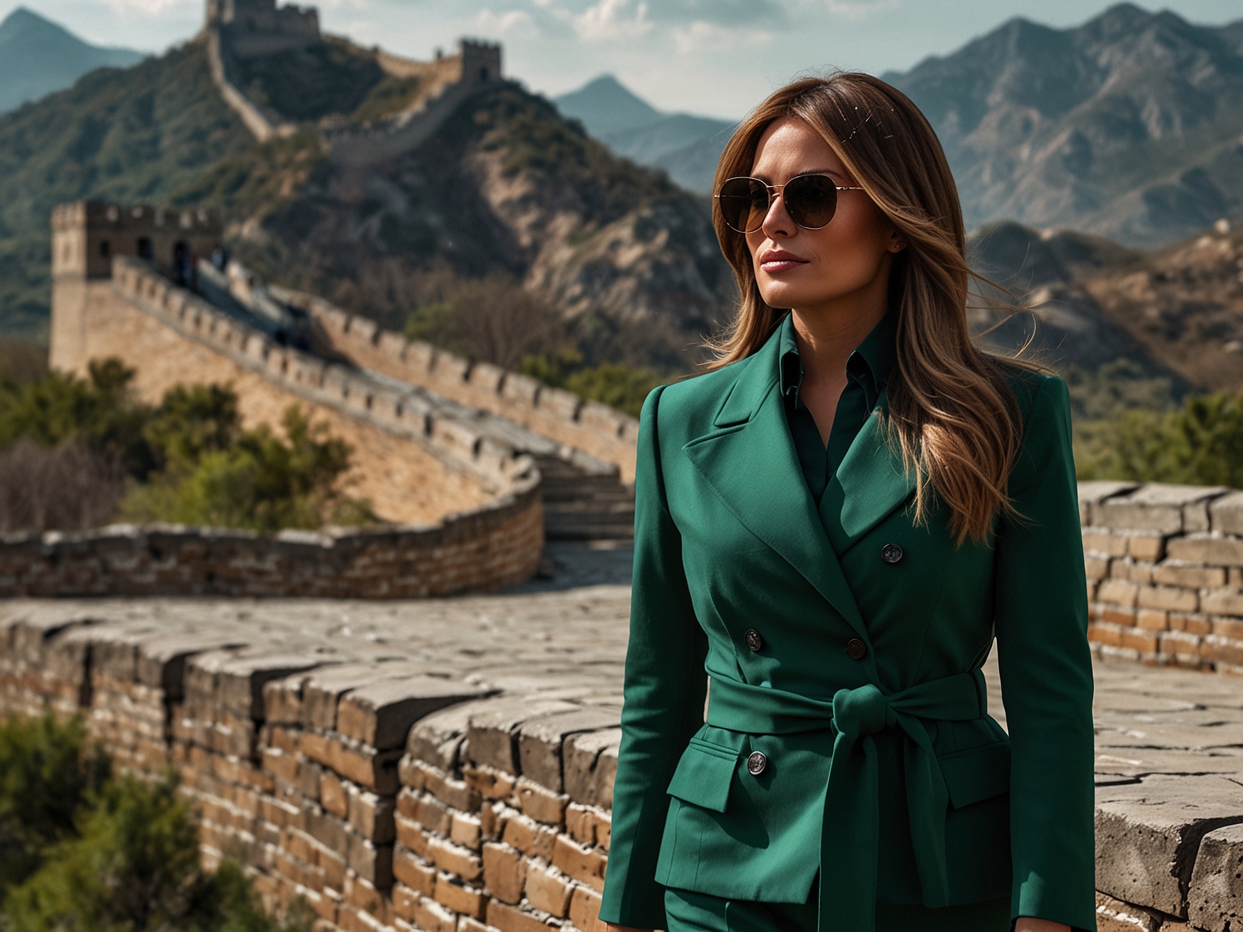 A photograph capturing Melania in a chic green outfit during her visit to the Great Wall of China, showcasing a blend of style and diplomacy against a breathtaking backdrop.
