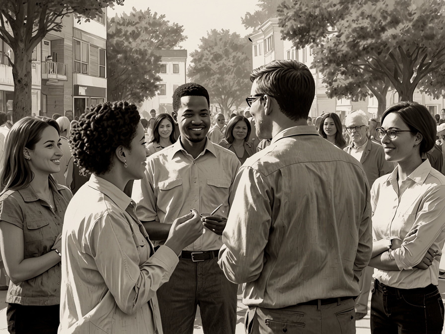 An outdoor scene of a diverse group of people engaging in a constructive dialogue at a community event, emphasizing the importance of listening and understanding differing perspectives.