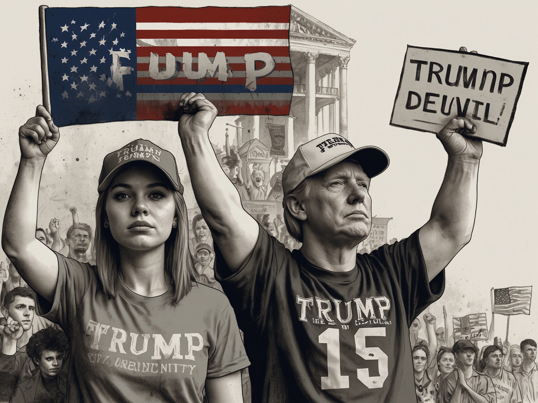 A split image showing a supportive fan wearing a Trump jersey on one side and a protestor with a 'Unity' sign on the other, representing the political divide in public discussions.
