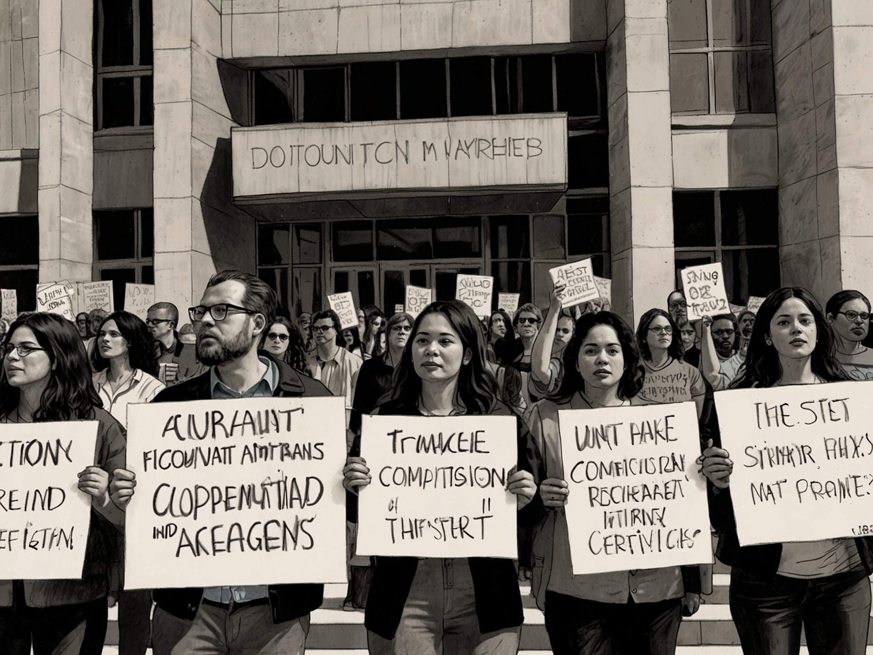 A group of activists rally outside a courthouse, representing the collective voices calling for compassion and reform in immigration policies.