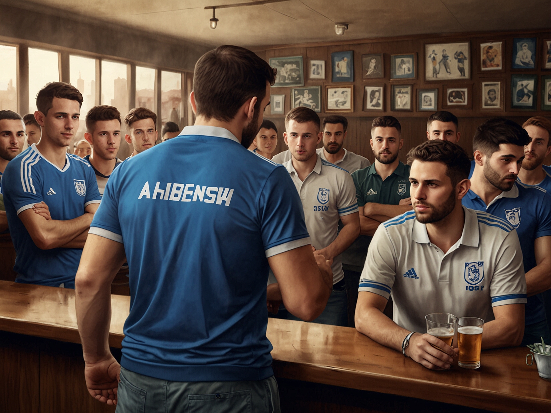Israeli fans gathering in a bar before the match, showcasing their passionate support for their team, oblivious to the impending chaos that would soon erupt outside.