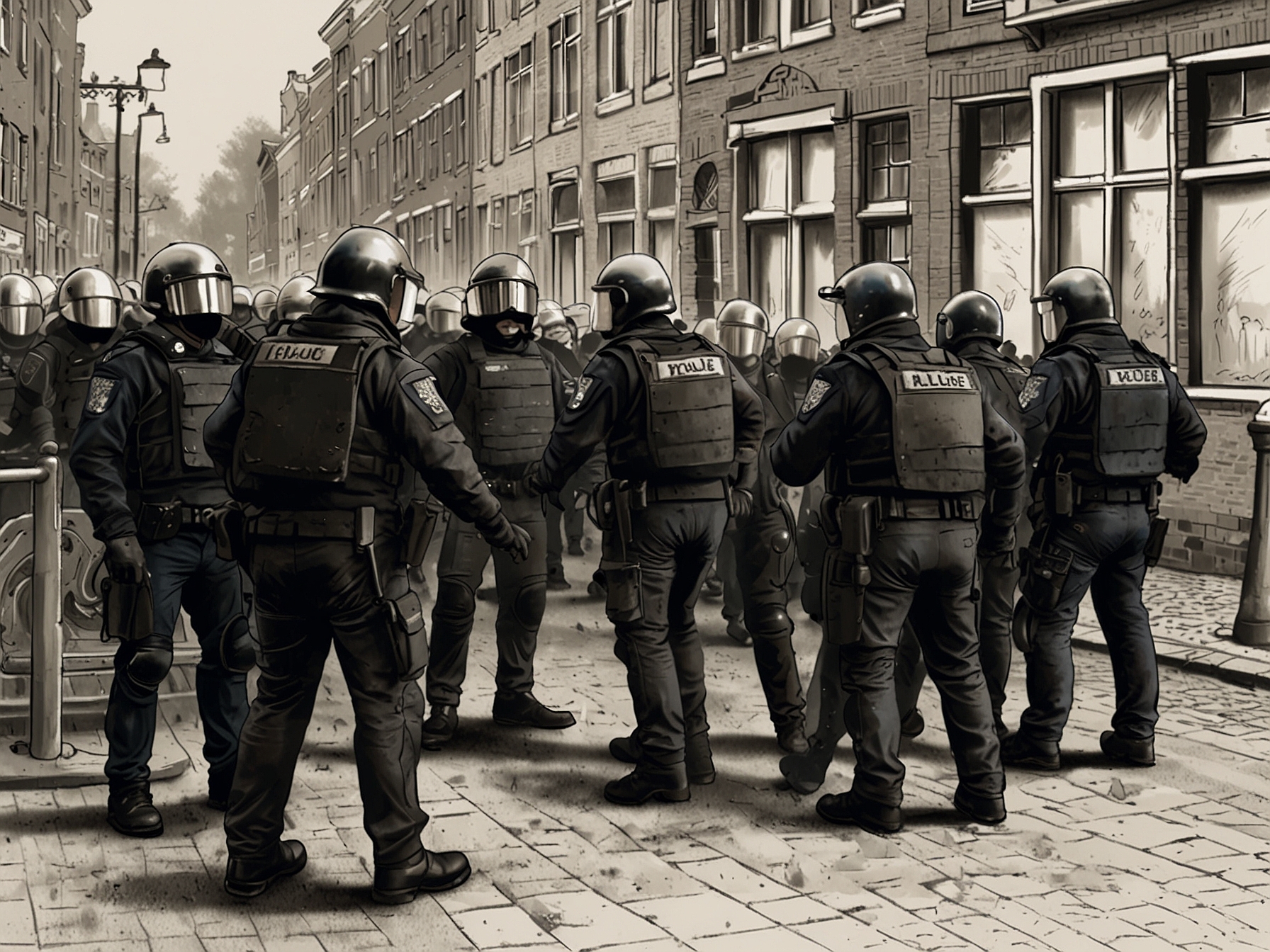 Police officers responding to the violence, trying to separate clashing groups of fans and restore order on the streets of Amsterdam, underlining the challenges they face in ensuring public safety.