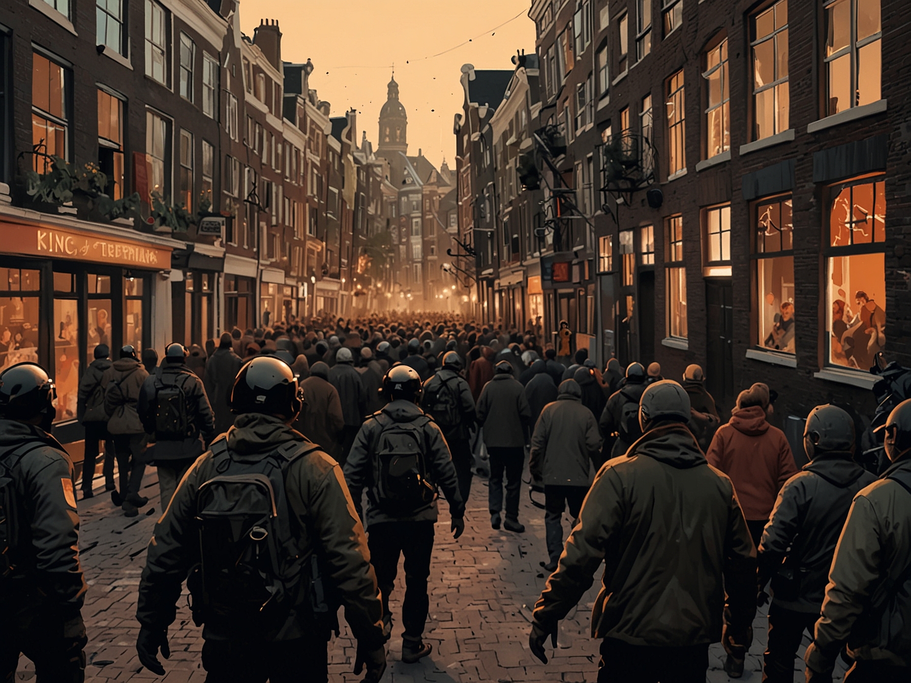 An image capturing the diverse cultural atmosphere of Amsterdam juxtaposed with the violent clashes, emphasizing how vibrant settings can transform into conflict zones in moments.