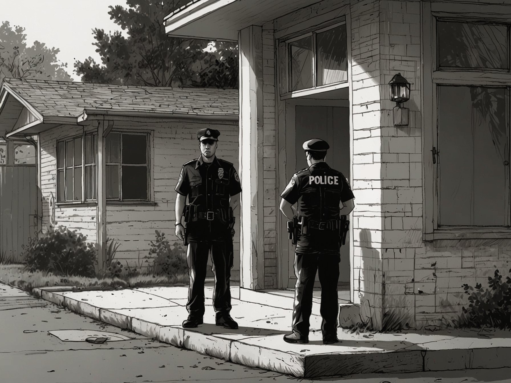An image of police officers standing outside Ken Chan's home, reflecting the serious nature of the warrant of arrest and the legal implications for the actor.