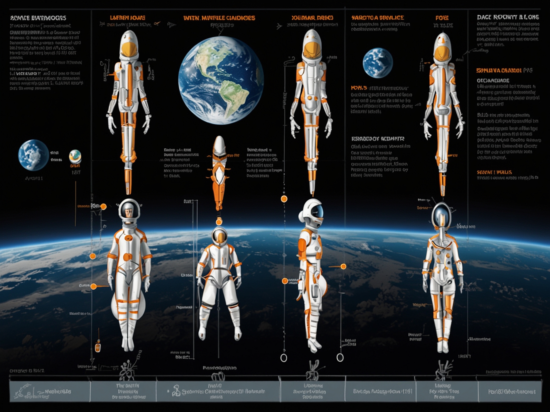 An infographic illustrating the physical challenges astronauts face in microgravity, emphasizing muscle atrophy and bone density loss due to prolonged space travel.
