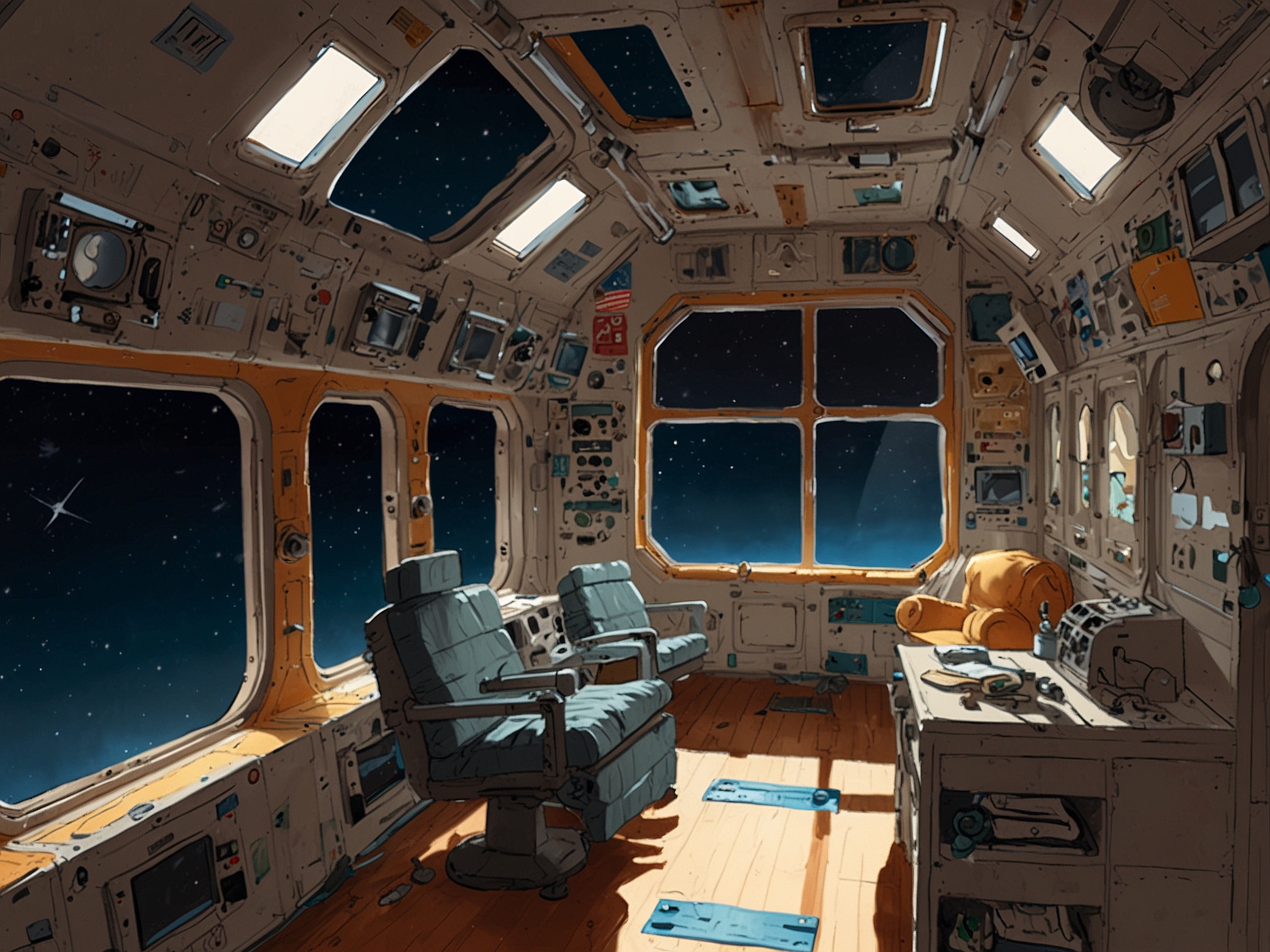 A serene image of the interior of the International Space Station, depicting the living quarters where astronauts like Sunita Williams spend their time working and resting.