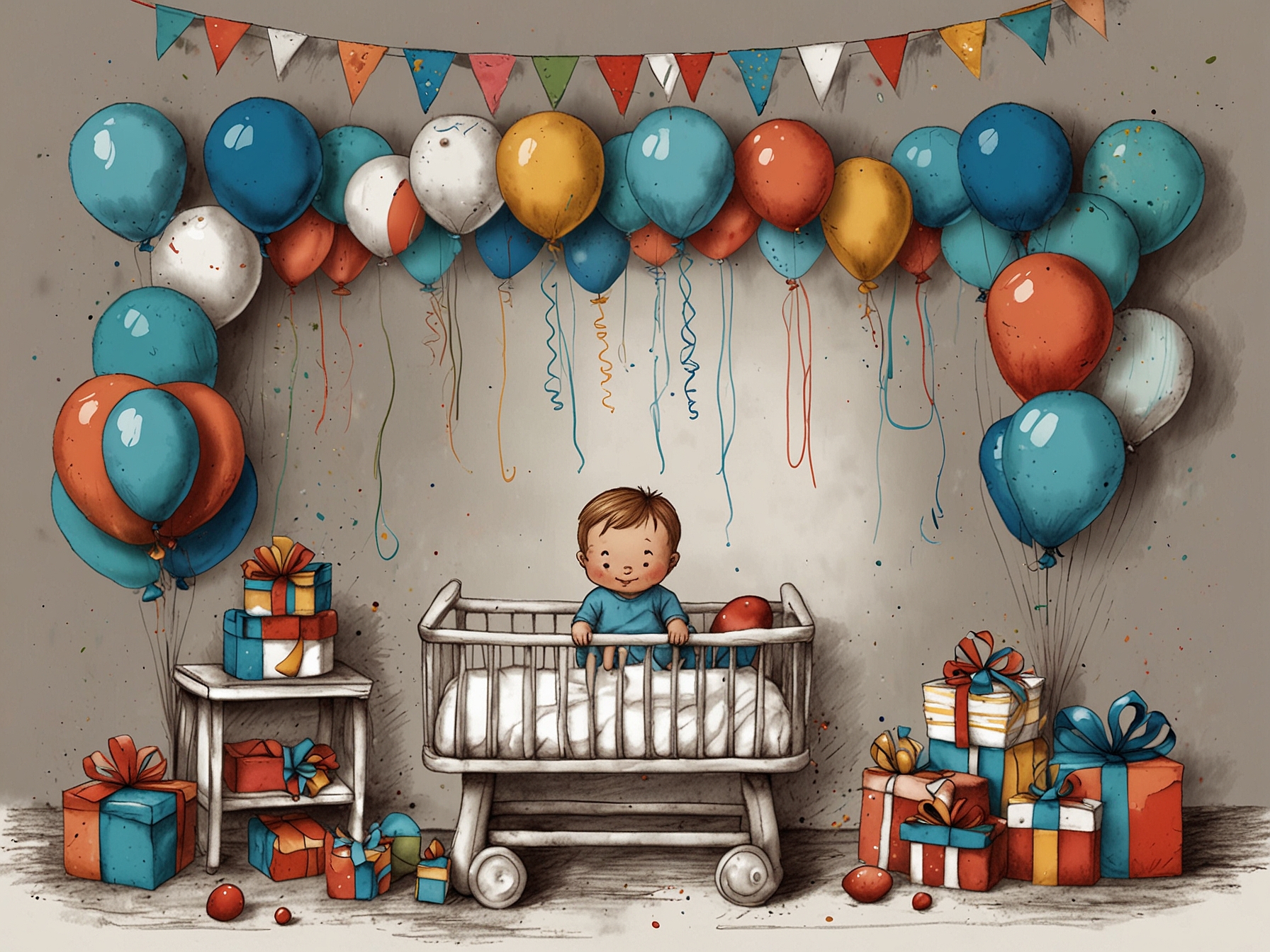 Celebratory decorations with baby-themed items like balloons and banners, capturing the essence of new beginnings and the happiness that comes with a pregnancy announcement.