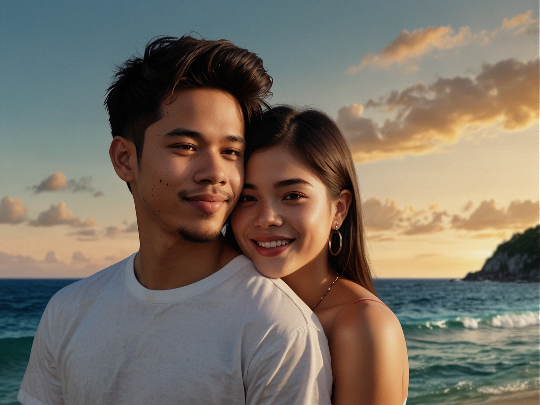 A close-up shot of Sue Ramirez and Dominic Roque, both dressed casually but stylishly, capturing their chemistry and carefree spirit against the backdrop of Siargao's stunning coast.