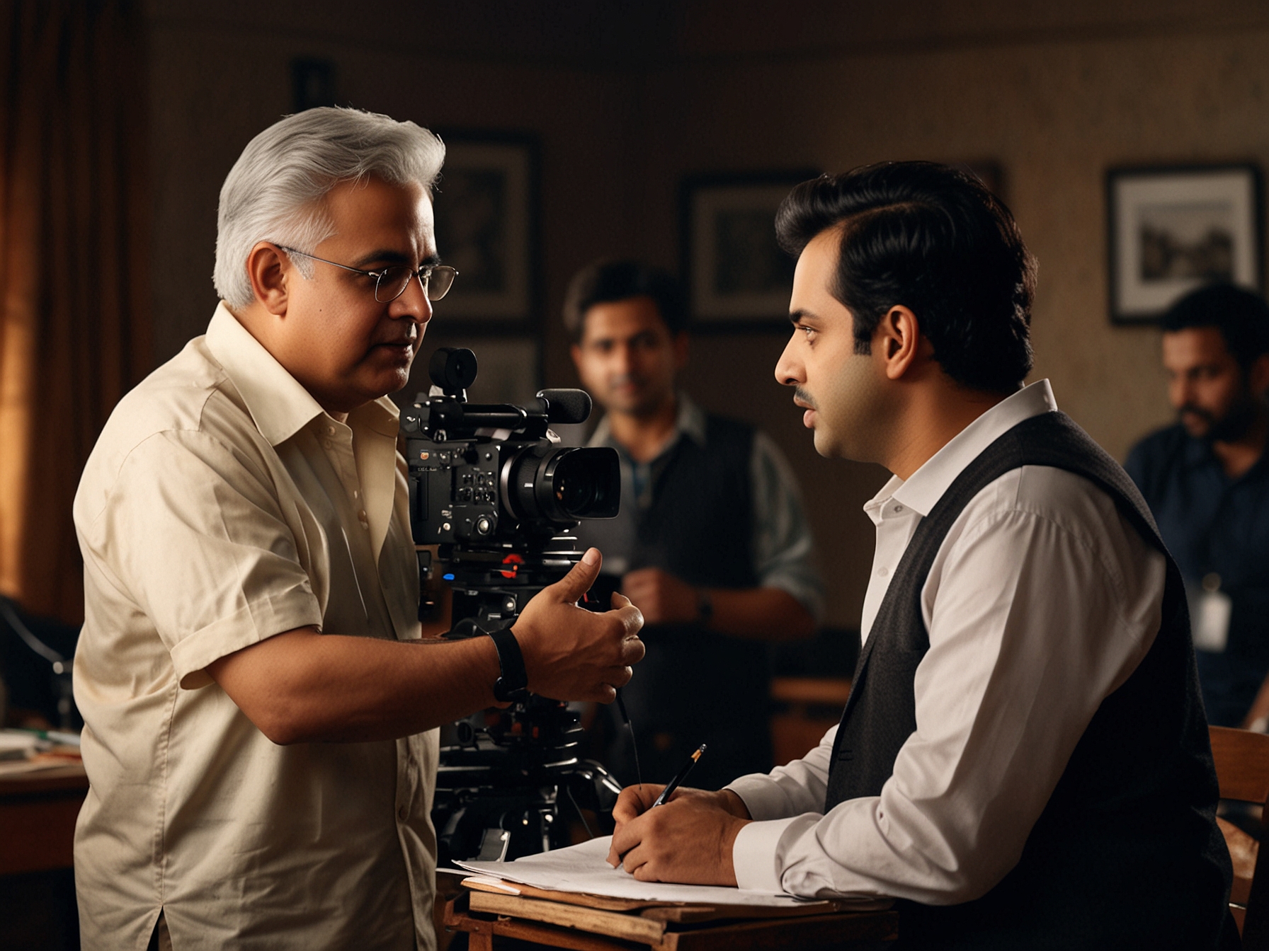 A behind-the-scenes shot of Hansal Mehta directing a scene from 'The Buckingham Murders,' with crew members actively engaged in the production process.