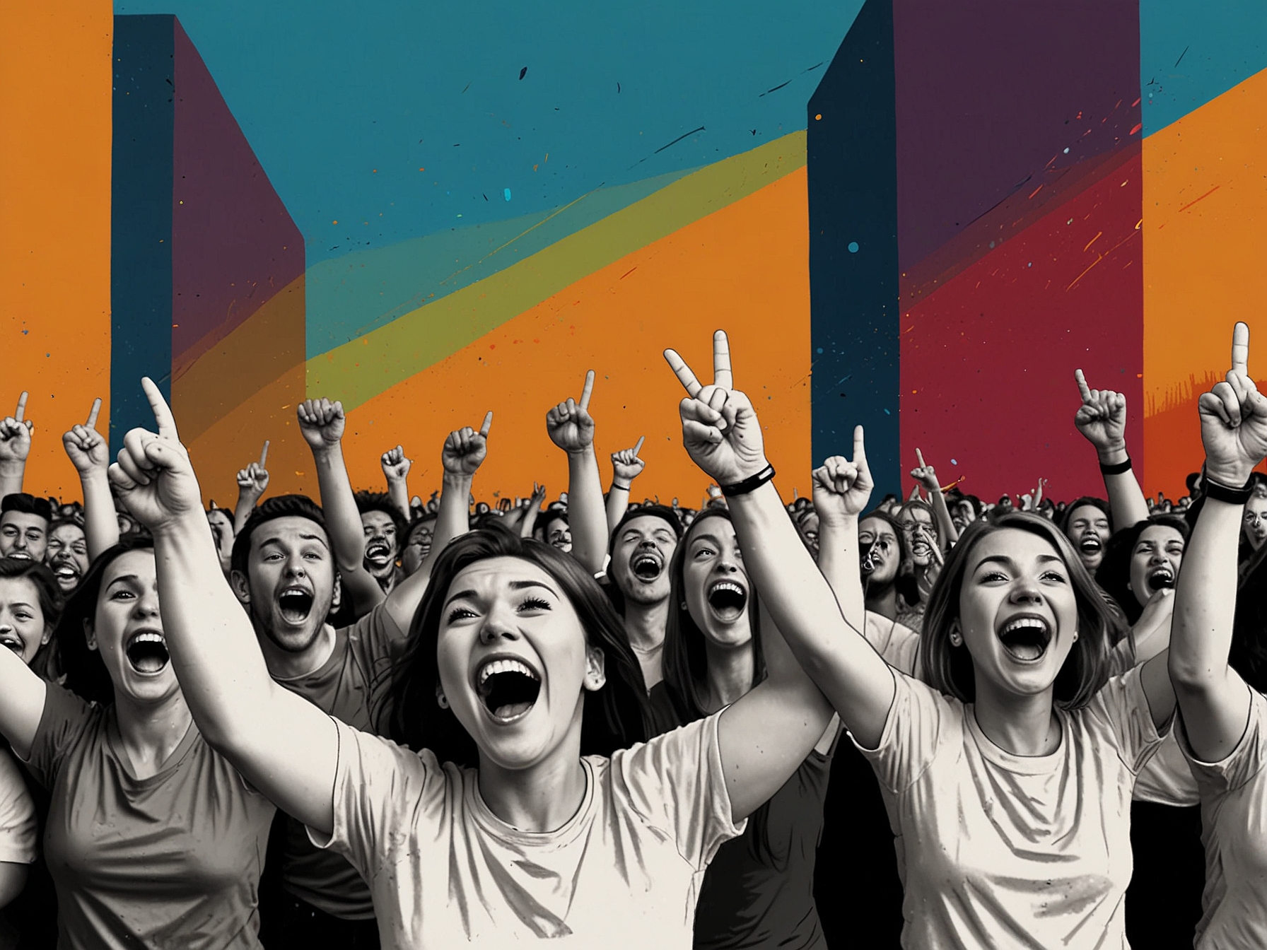 A vibrant shot of fans celebrating the announcement of the original language version on social media, with excited expressions and hashtags trending.