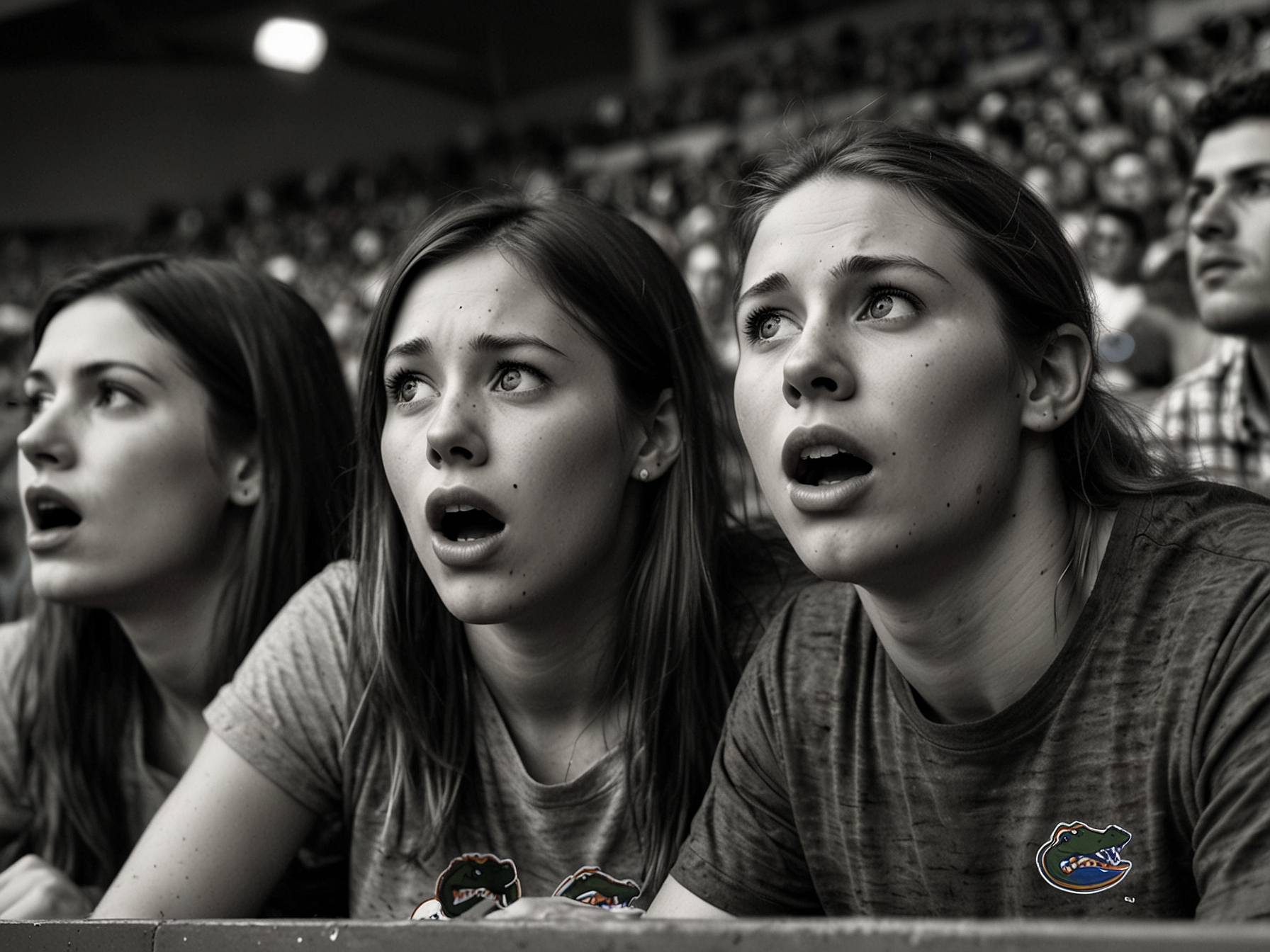 A close-up of Florida Gators fans in the stands, displaying mixed emotions of shock and disbelief regarding the coaching allegations, highlighting their strong connection to the team.