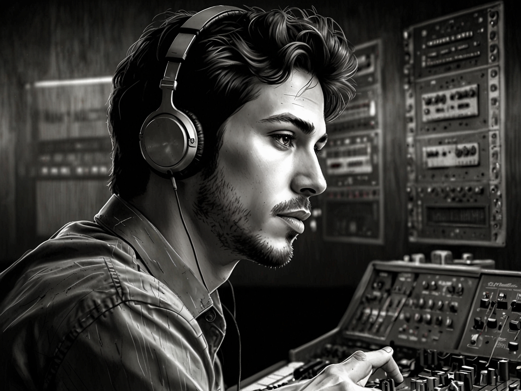 An intimate close-up of a musician in the recording studio, symbolizing the creativity and hard work behind each nominated song.