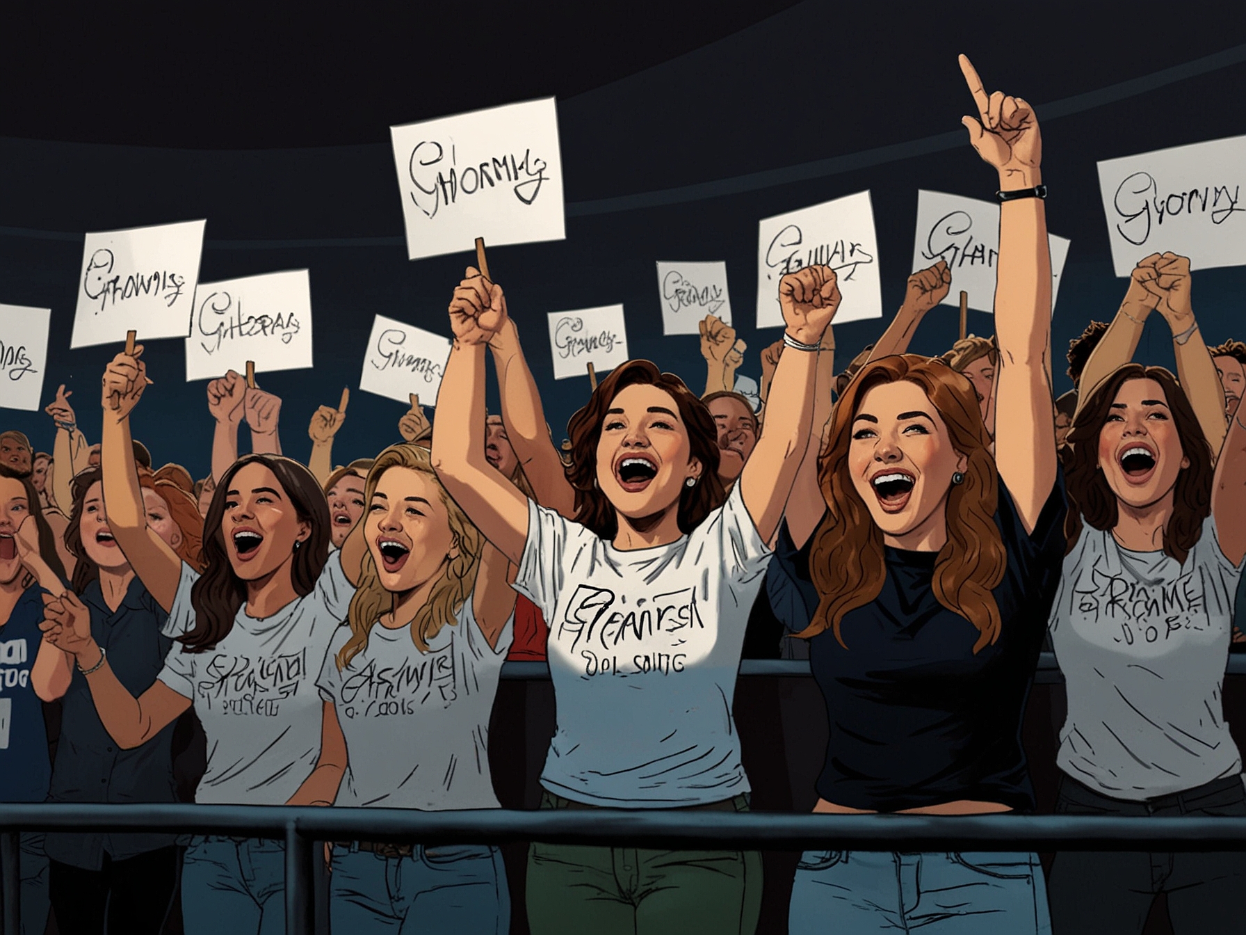 A group of fans cheering with signs at a Grammy viewing party, highlighting the connection and emotion fans feel towards the nominated songs.