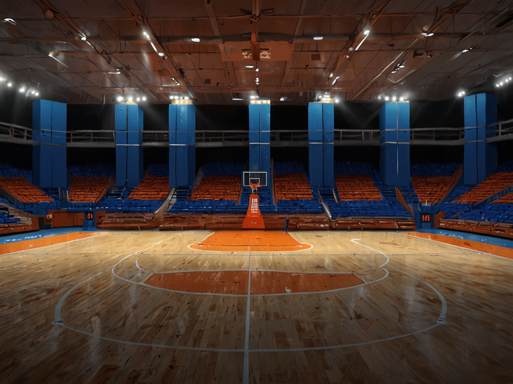 A wide shot of the Florida Gators basketball court, empty and silent, symbolizing the uncertainty surrounding the team's future amidst the controversy.