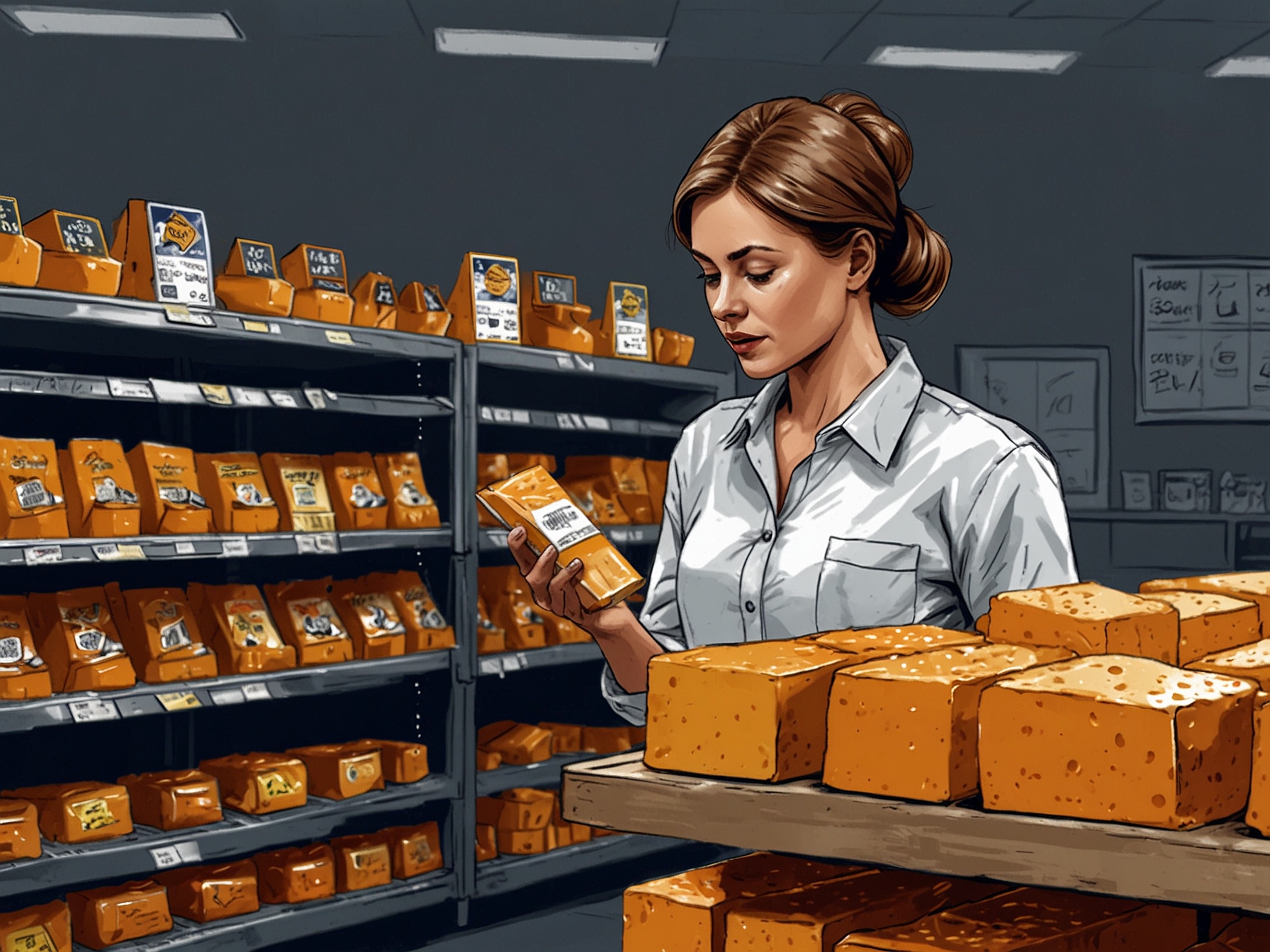 A concerned shopper checking cheese labels in an Aldi grocery store, emphasizing the importance of awareness regarding food safety and product recalls.
